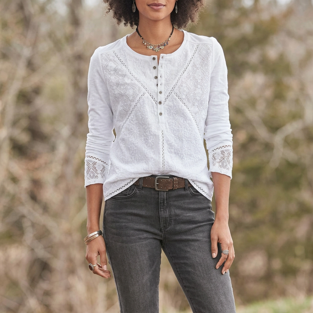 Women's Lace Crew Neck Long Sleeve Shirt with Relaxed Fit