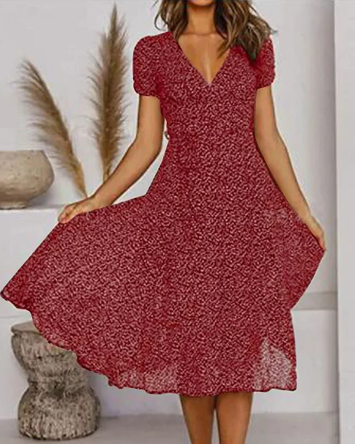 Women's Chiffon Dress with V-Neckline and Floral Print, Loose Fit