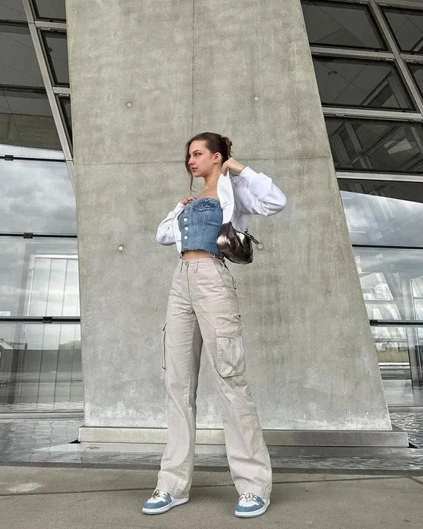 Cotton Blend Cargo Pants with Adjustable Waist Belt and Multiple Pockets