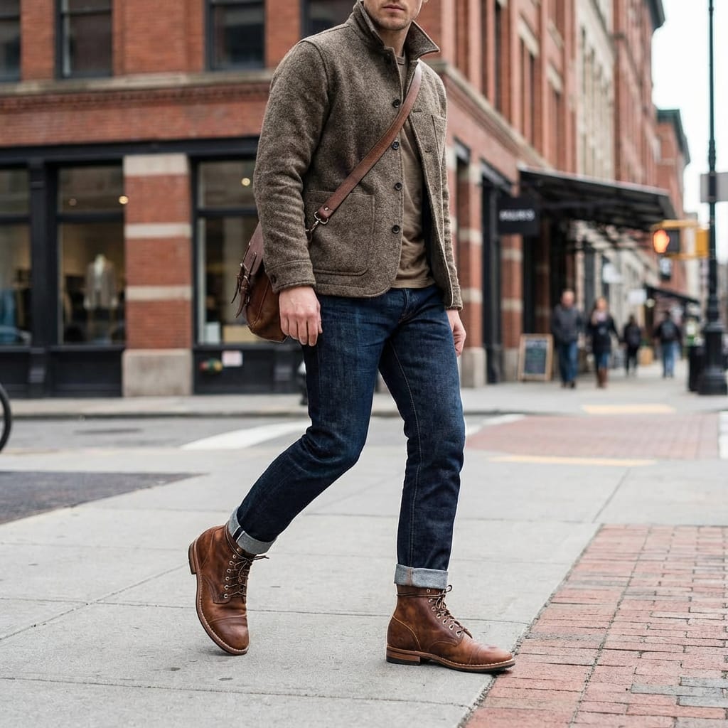 Men's Ankle High Boots with Hook and Loop Straps and Contoured Sole