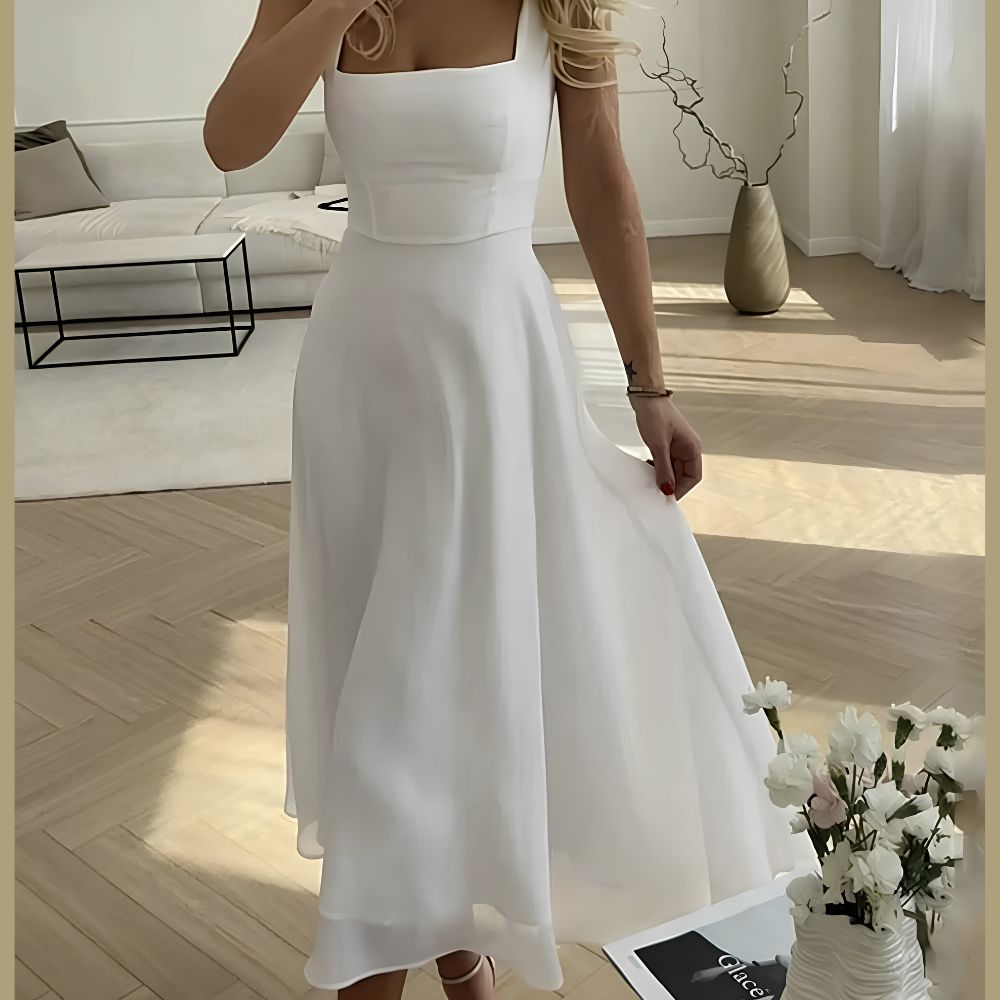 Women's Midi Dress with Square Neckline and Fitted Bodice, A-Line Skirt