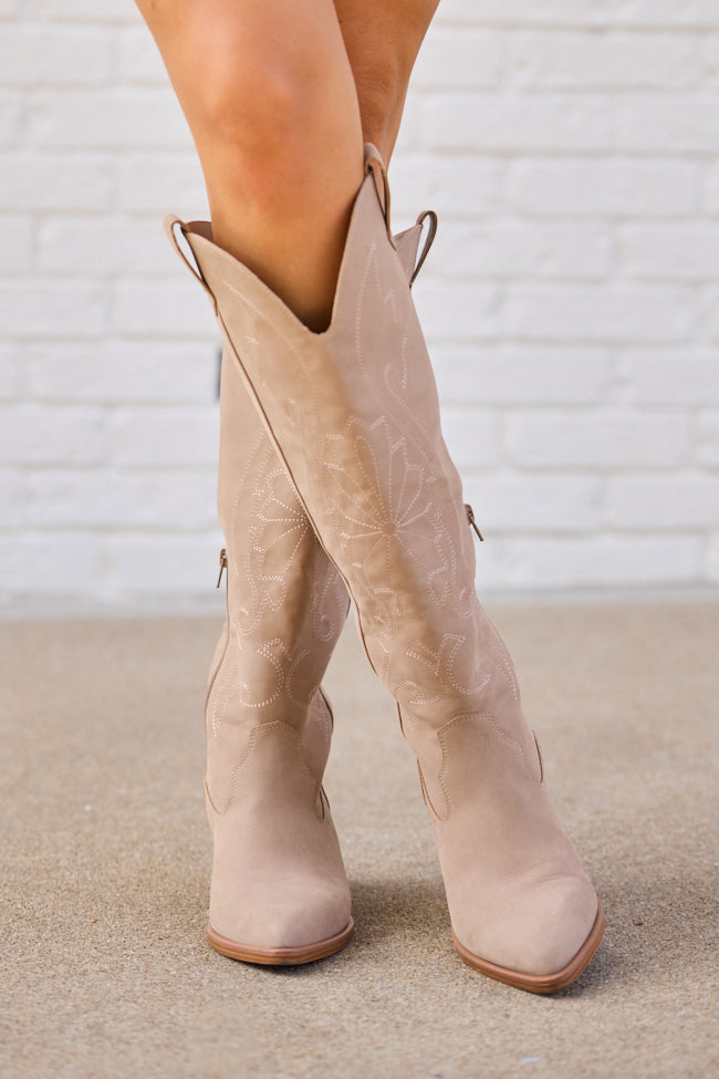 Women’s Tan Tall Cowboy Boots, Pointed Toe Shaft