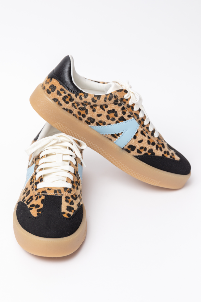 Women’s Blue Jaguar Sneakers, Faux Leather Lace-Up