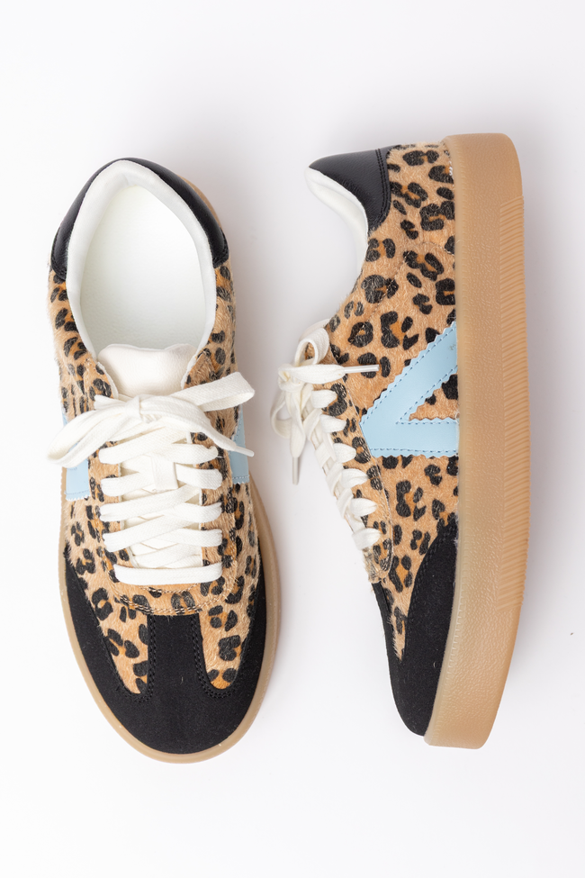 Women’s Blue Jaguar Sneakers, Faux Leather Lace-Up