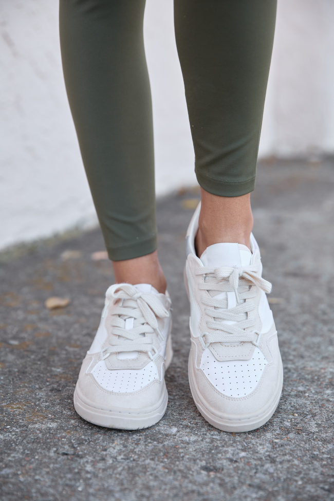 Women’s Beige Sneakers, Lace-Up Faux Leather