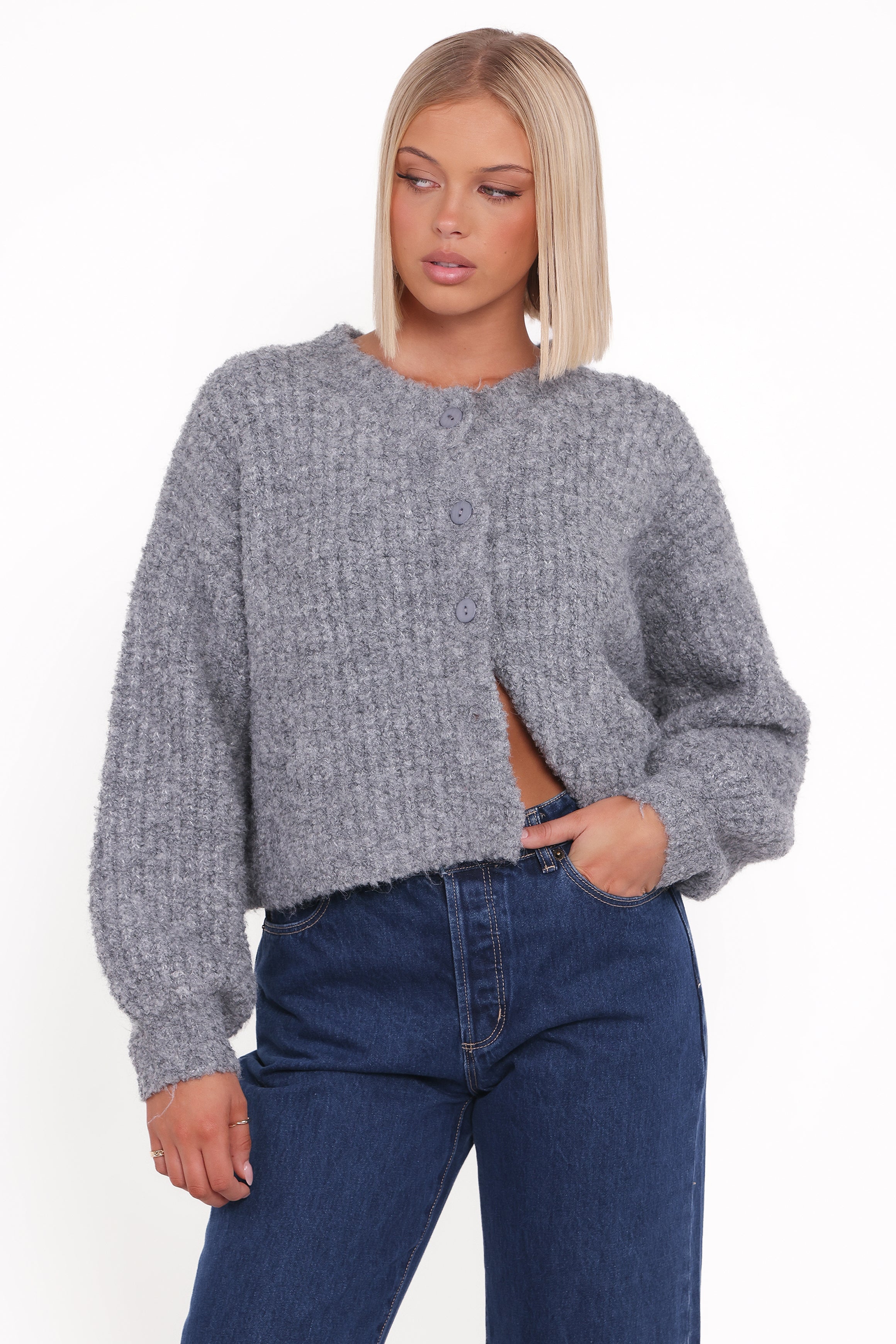 Women’s Gray Knitted Cardigan, Long Sleeve Button Down
