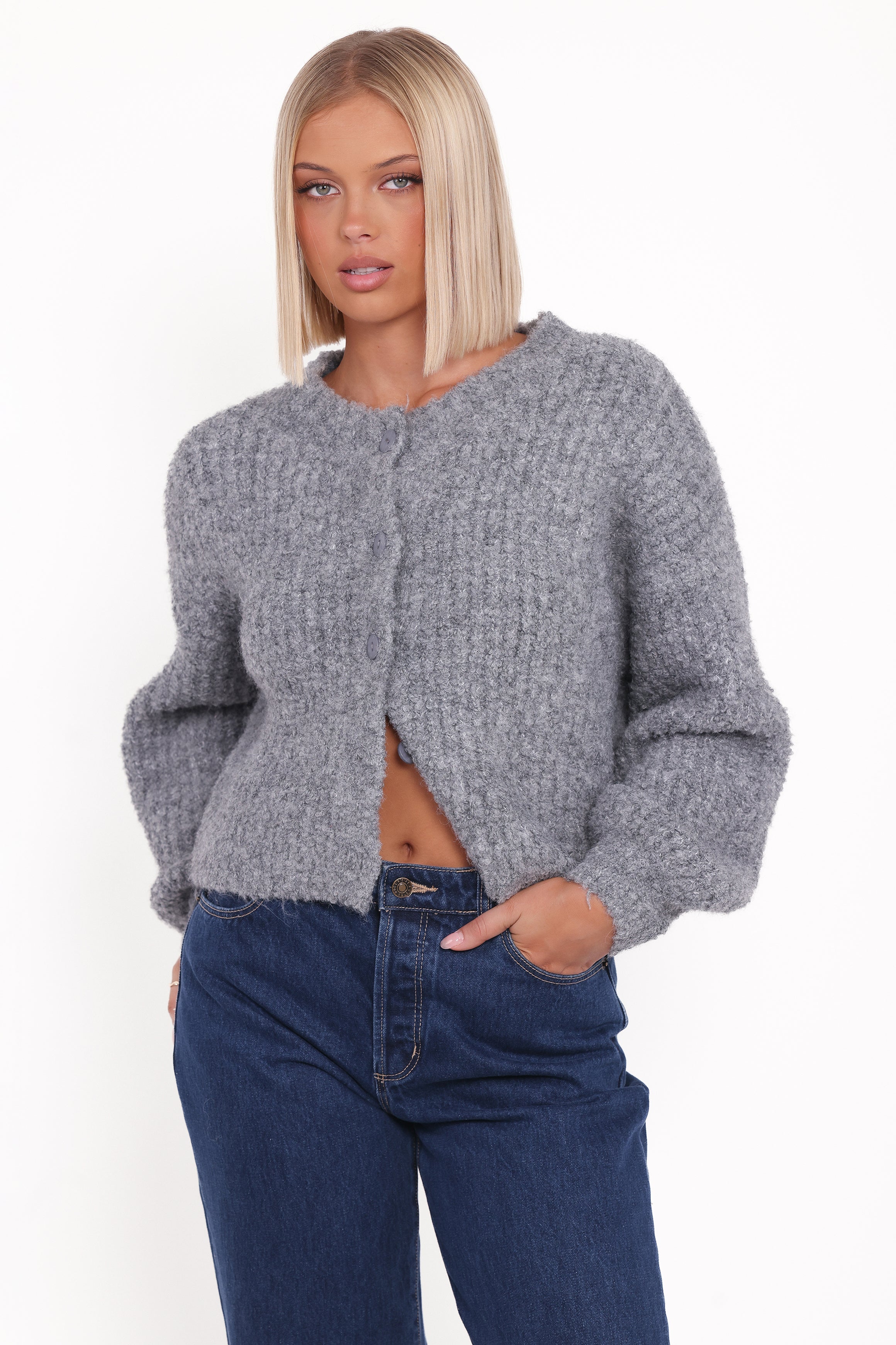 Women’s Gray Knitted Cardigan, Long Sleeve Button Down
