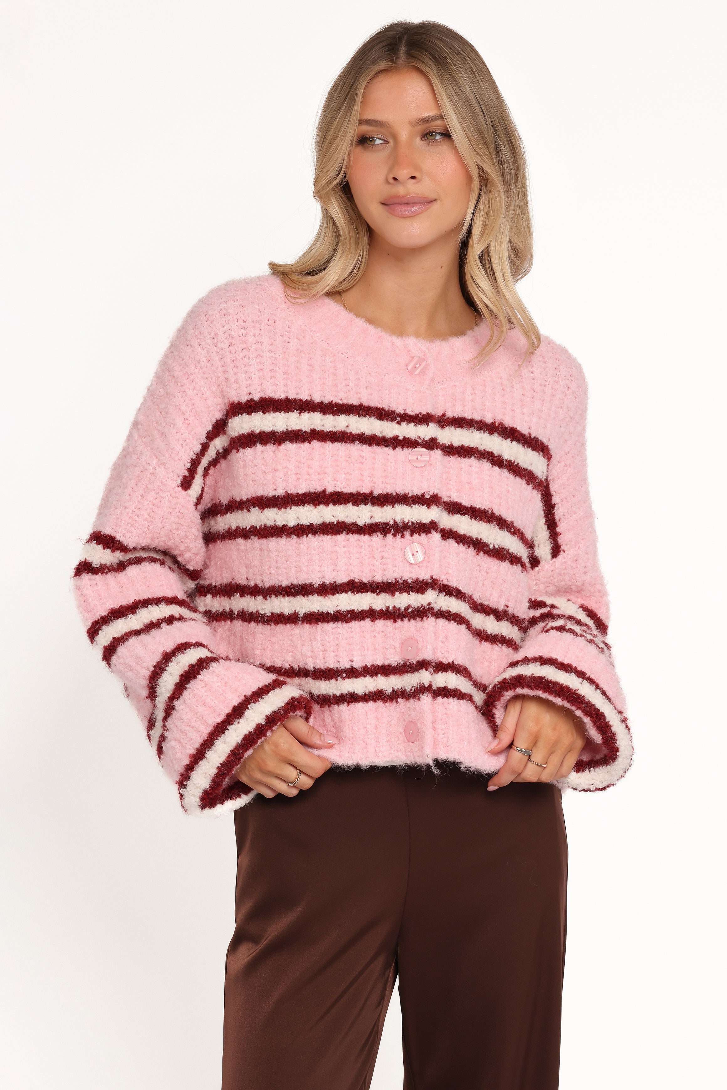 Women’s Pink Stripe Cardigan, Knitted Long Sleeve