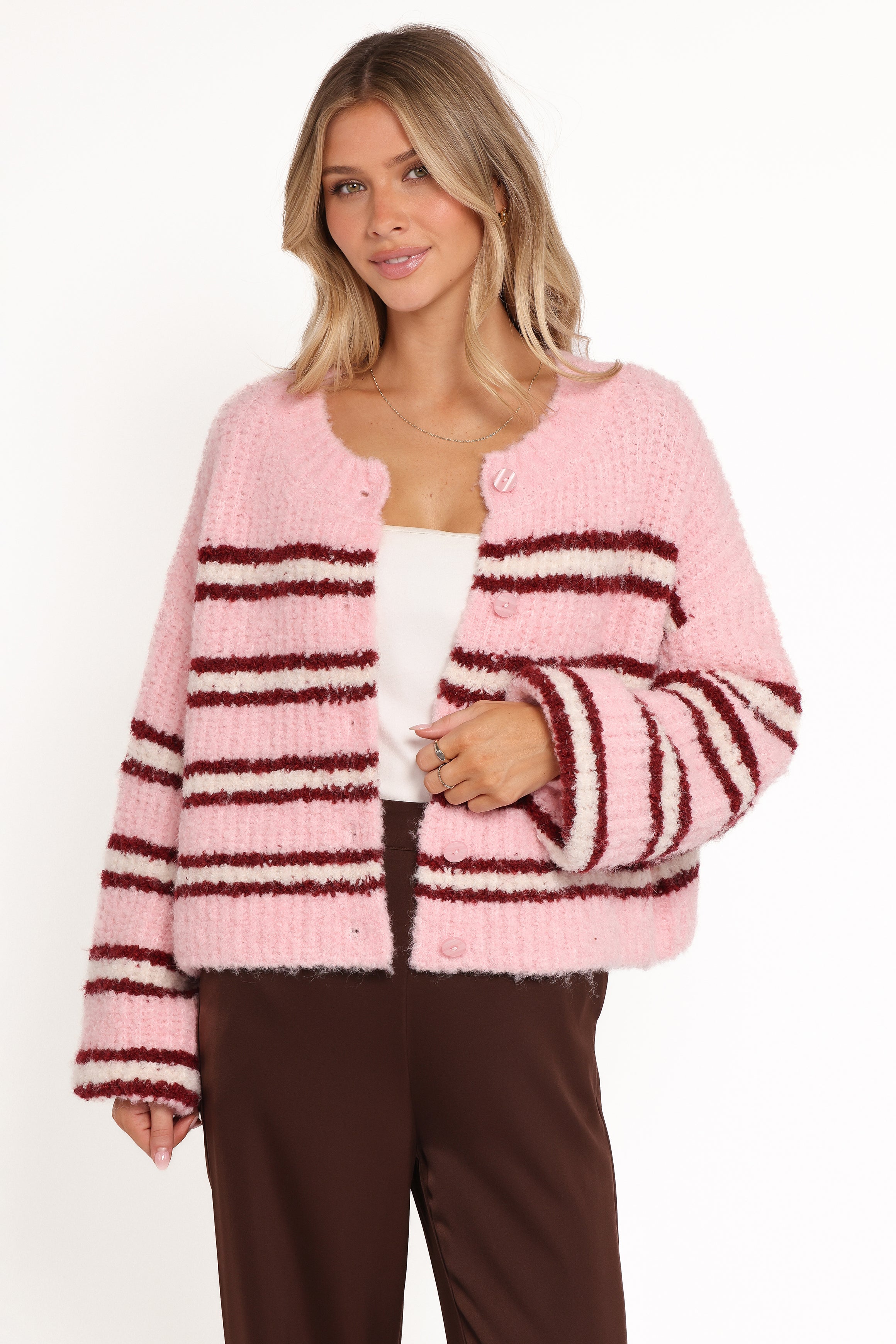Women’s Pink Stripe Cardigan, Knitted Long Sleeve