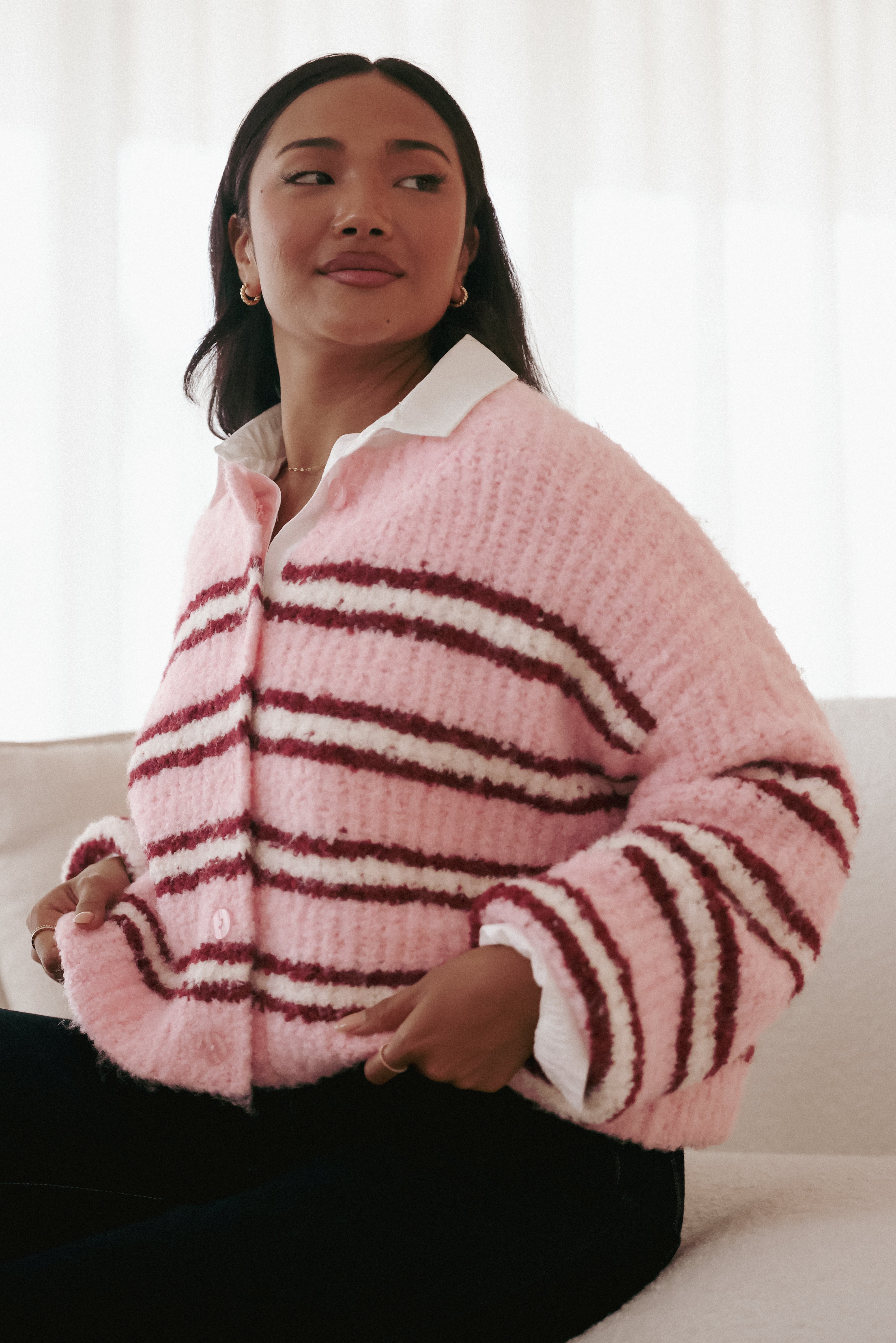 Women’s Pink Stripe Cardigan, Knitted Long Sleeve