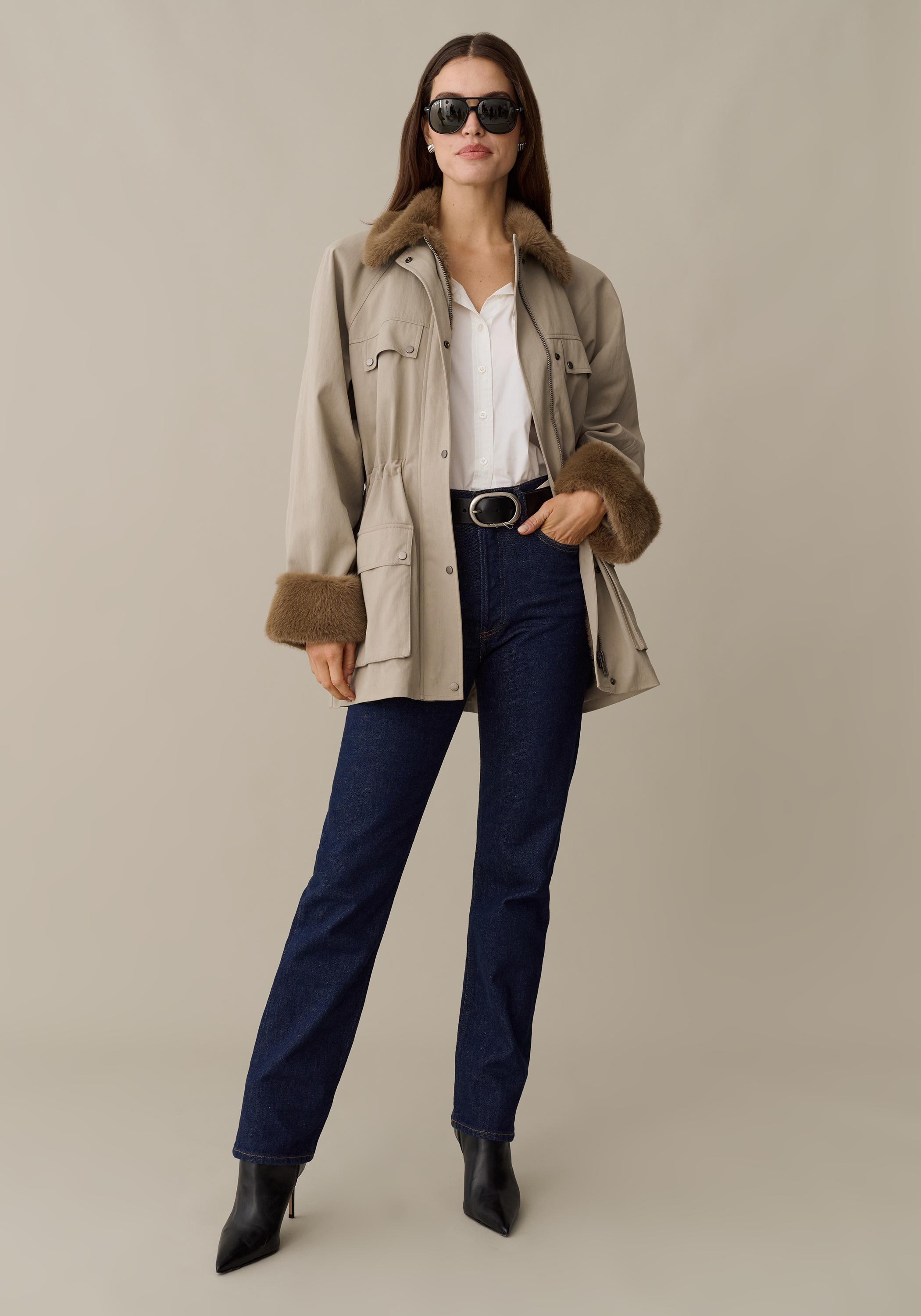 Women’s Utility Jacket with Faux Fur Collar & Pockets, Lined