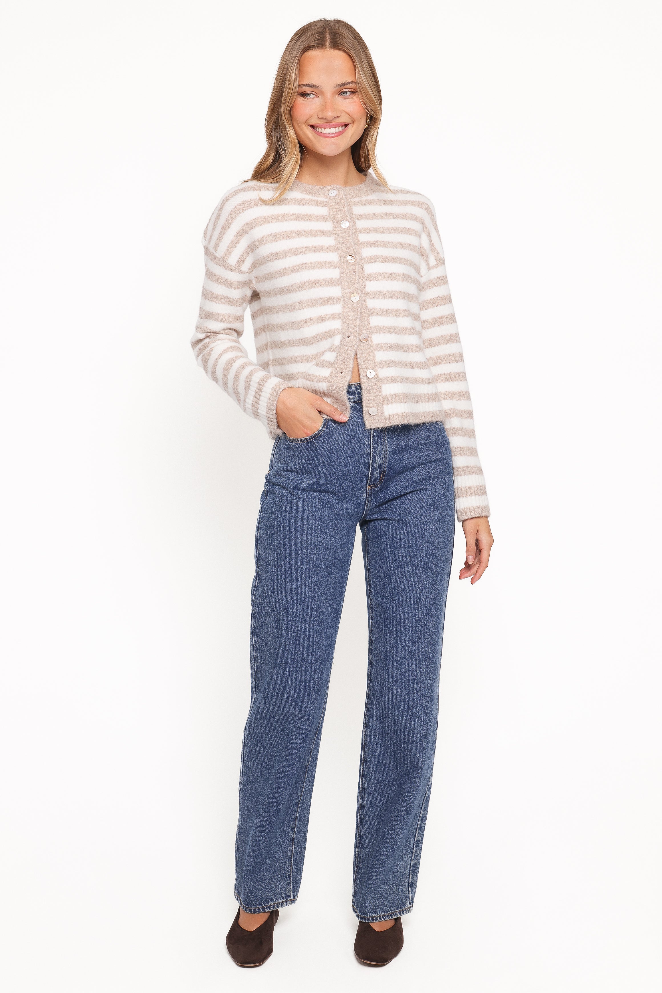 Women’s White/Beige Striped Cardigan, High Neck Long Sleeve