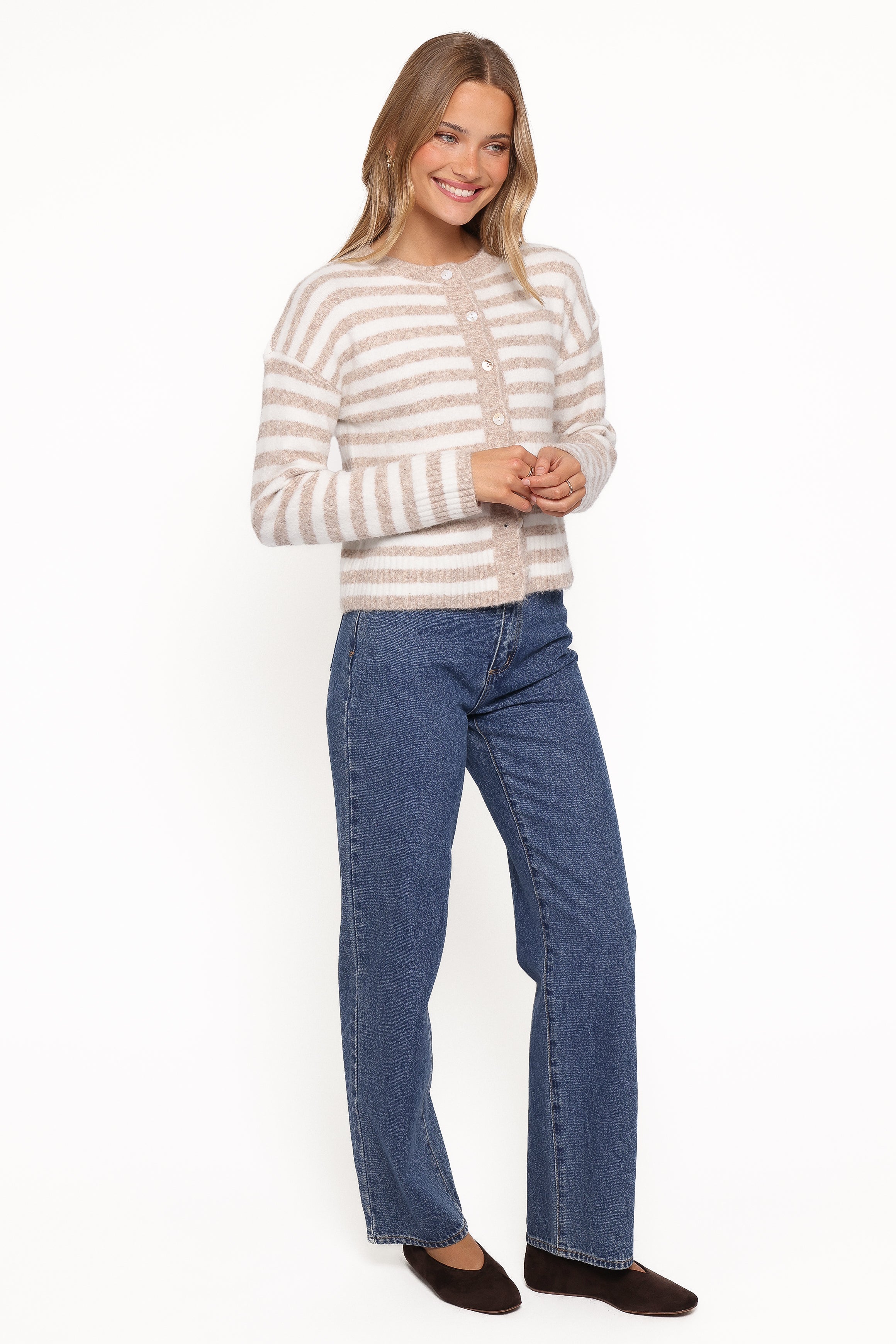 Women’s White/Beige Striped Cardigan, High Neck Long Sleeve