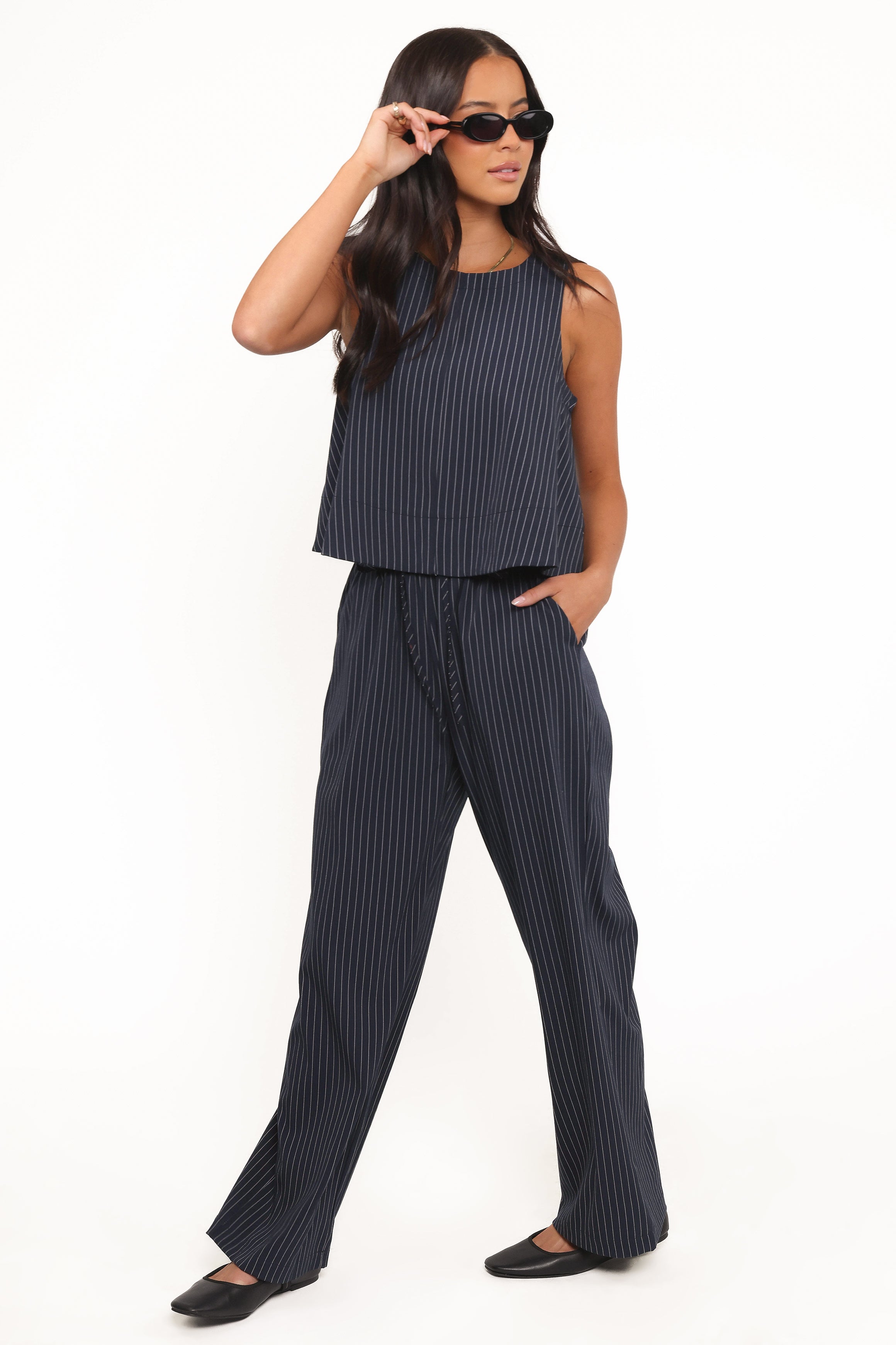 Women’s Navy White Stripe Pants, High-Rise Wide Leg