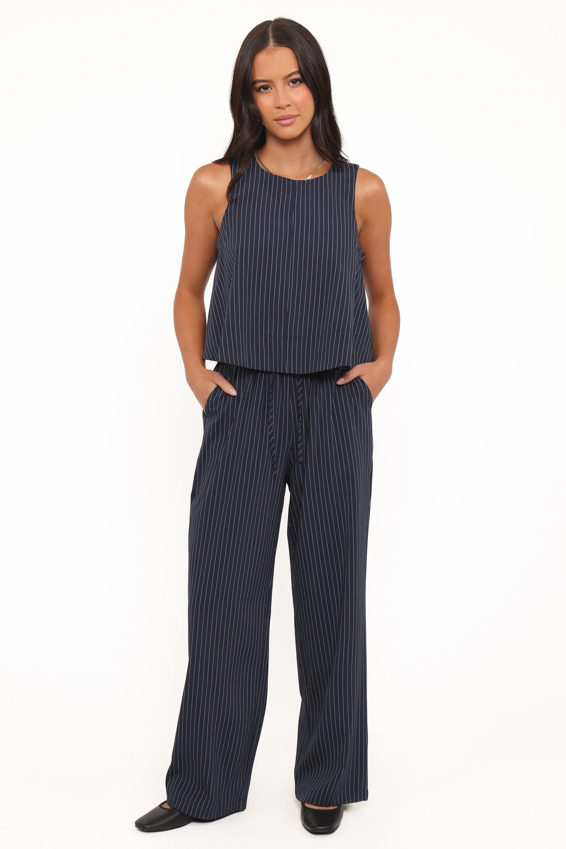 Women’s Navy White Stripe Pants, High-Rise Wide Leg