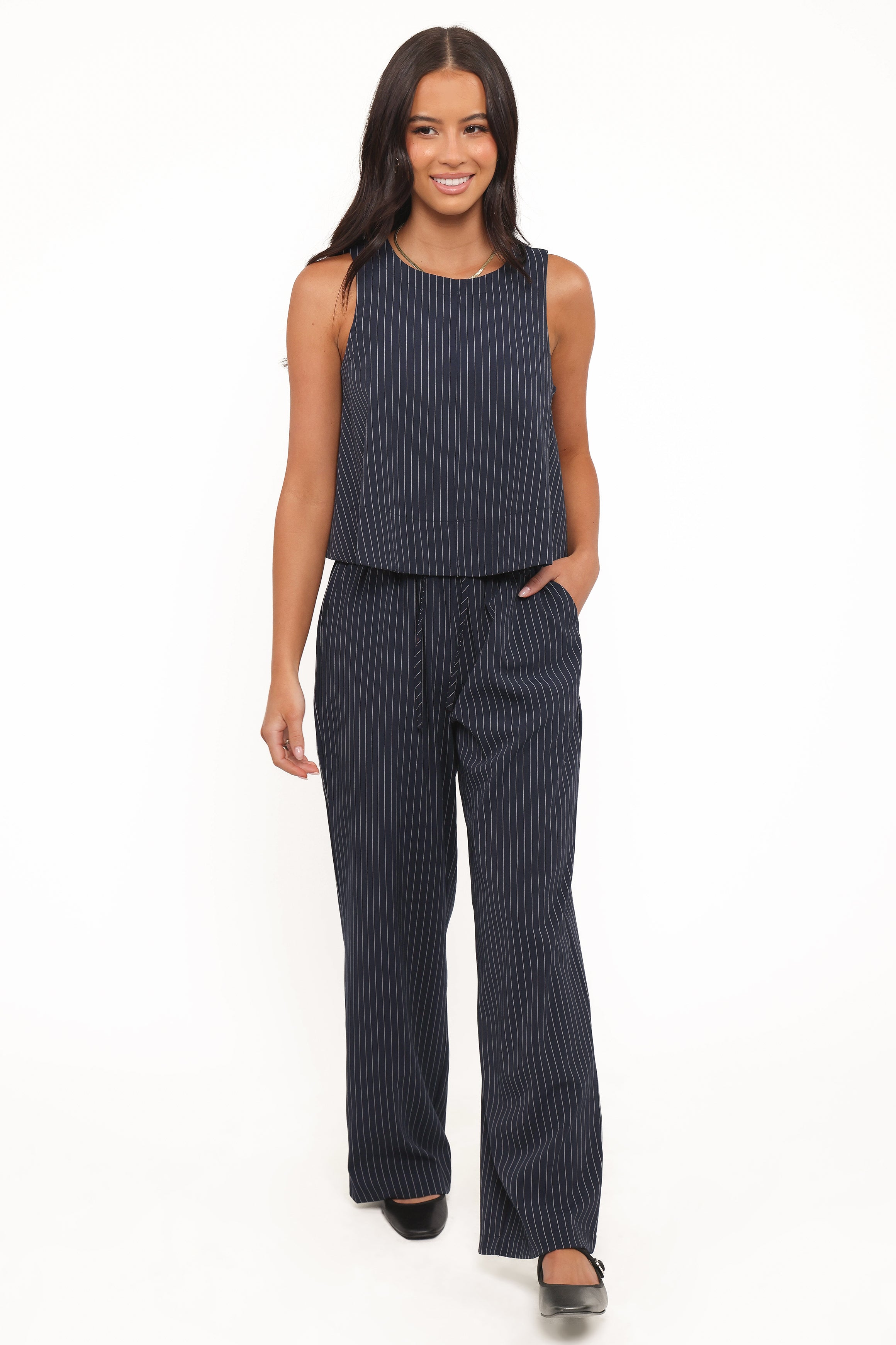 Women’s Navy White Stripe Pants, High-Rise Wide Leg