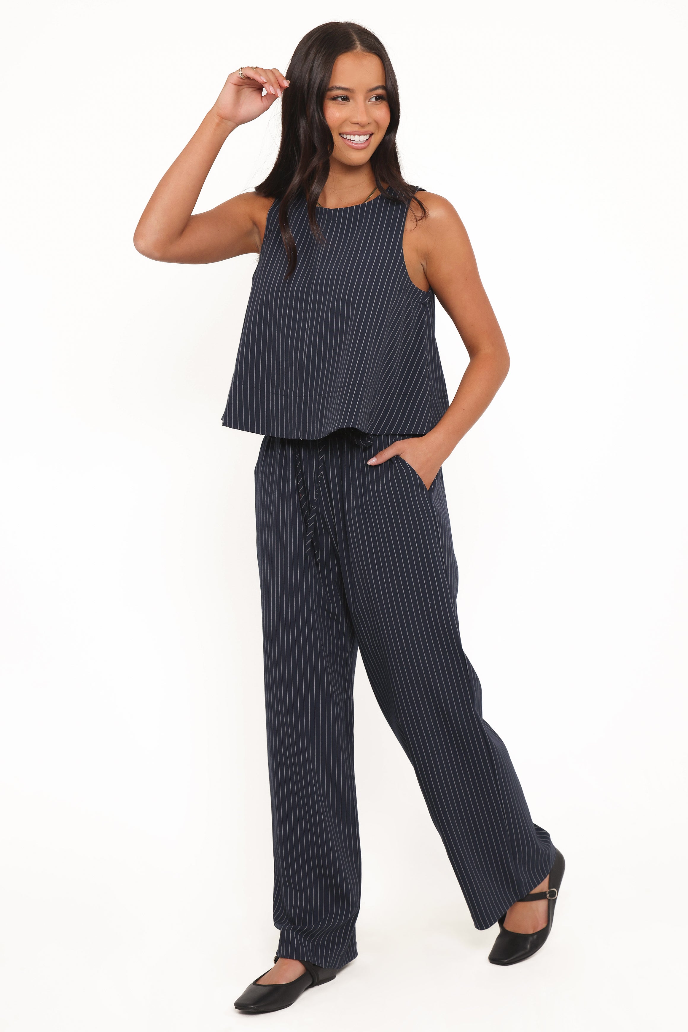 Women’s Navy White Stripe Pants, High-Rise Wide Leg