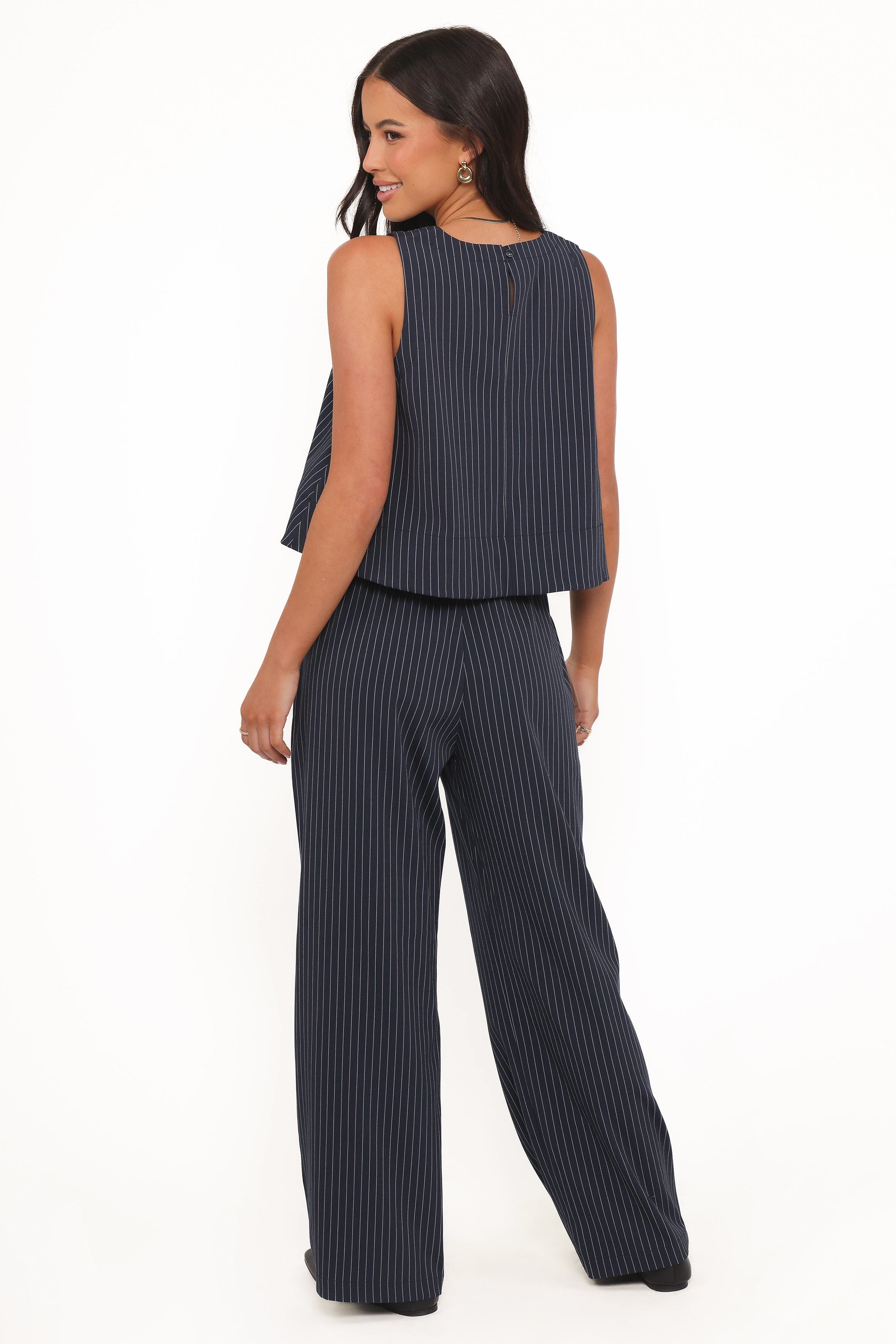 Women’s Navy White Stripe Pants, High-Rise Wide Leg