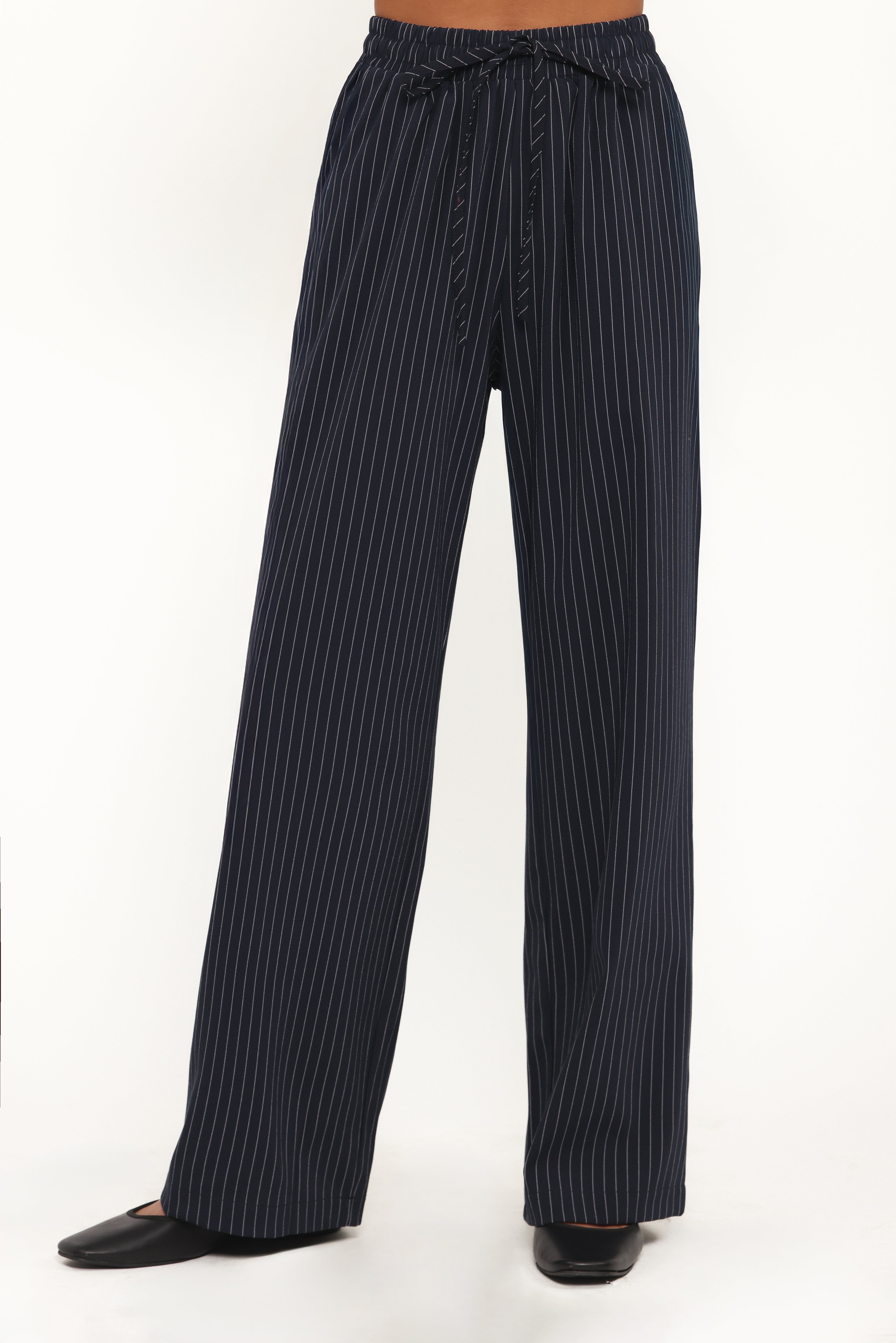 Women’s Navy White Stripe Pants, High-Rise Wide Leg