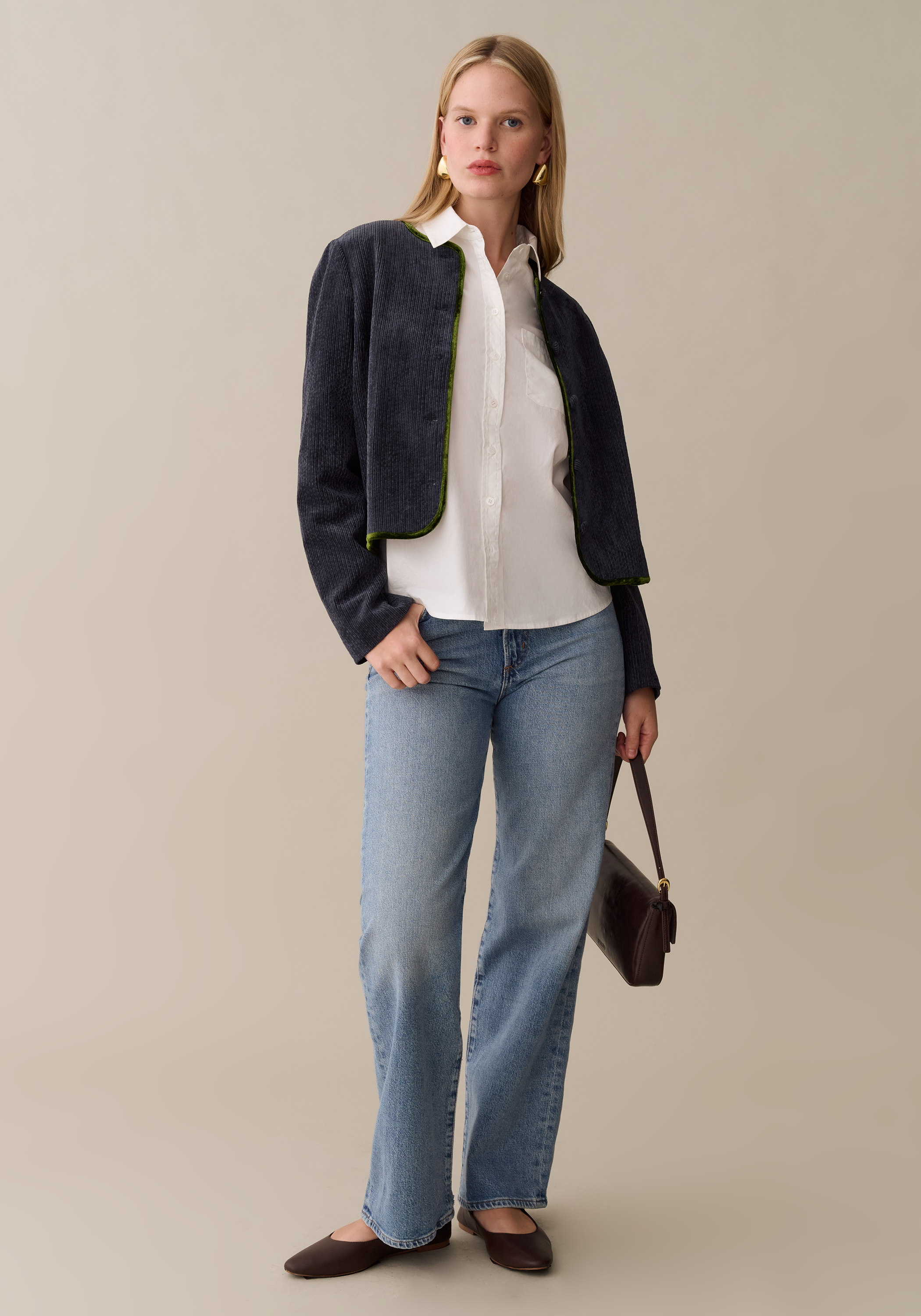 Women’s Cropped Corduroy Jacket with Velvet Trim, Modern