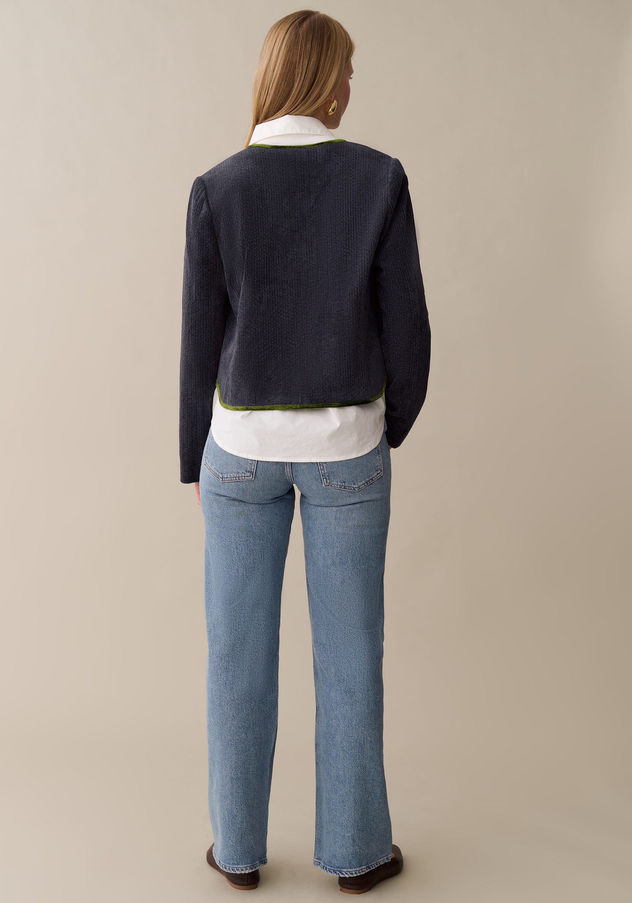 Women’s Cropped Corduroy Jacket with Velvet Trim, Modern