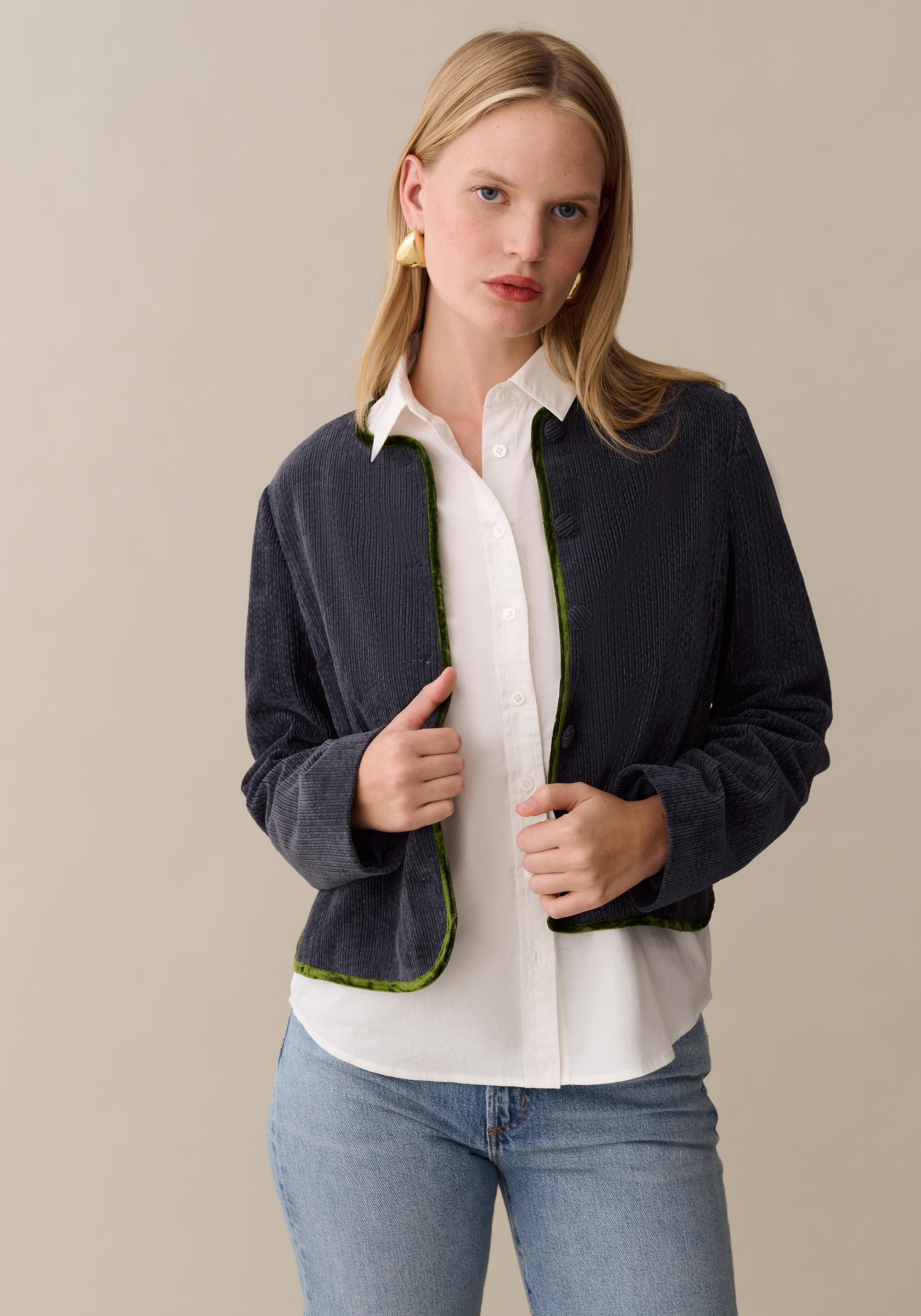 Women’s Cropped Corduroy Jacket with Velvet Trim, Modern