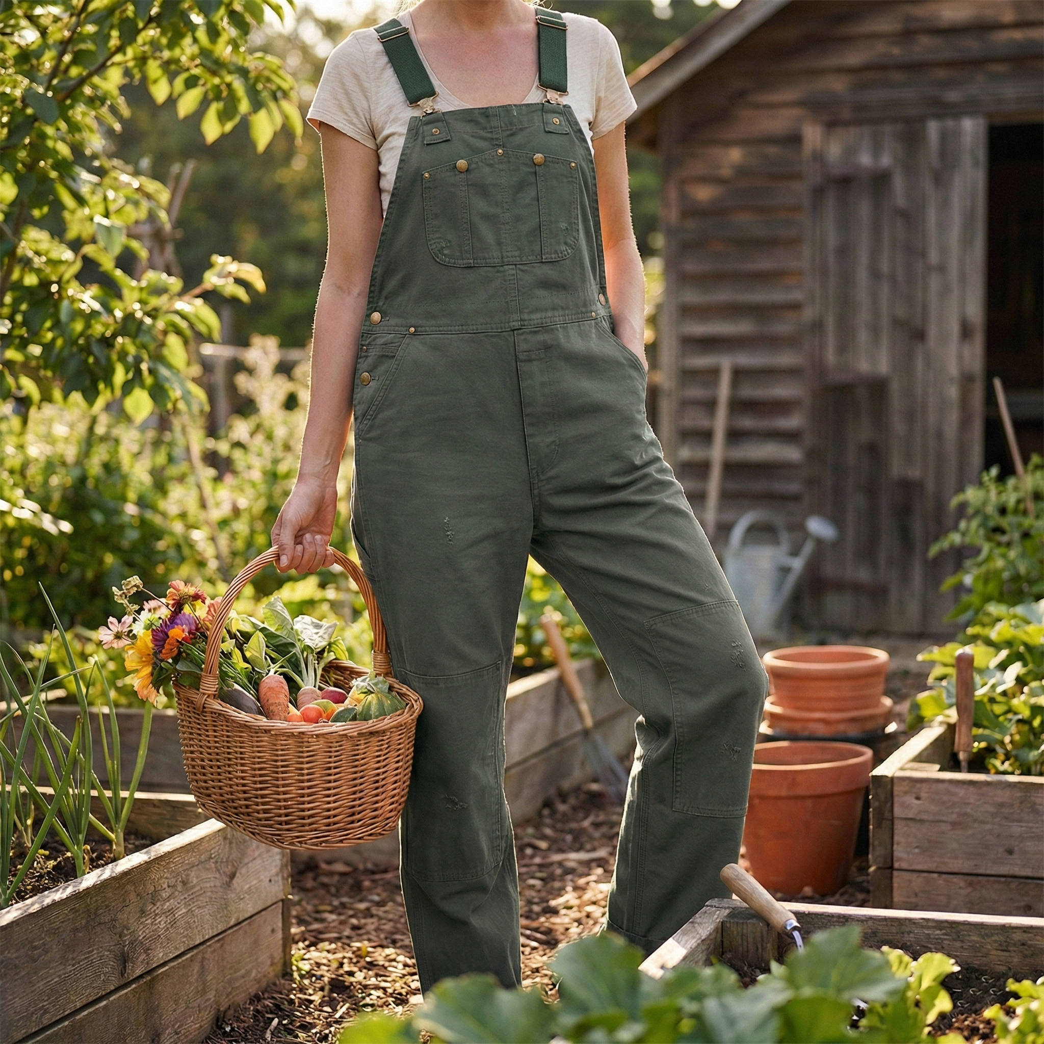 Women's Canvas Bib Overalls with Padded Straps and Multiple Pockets