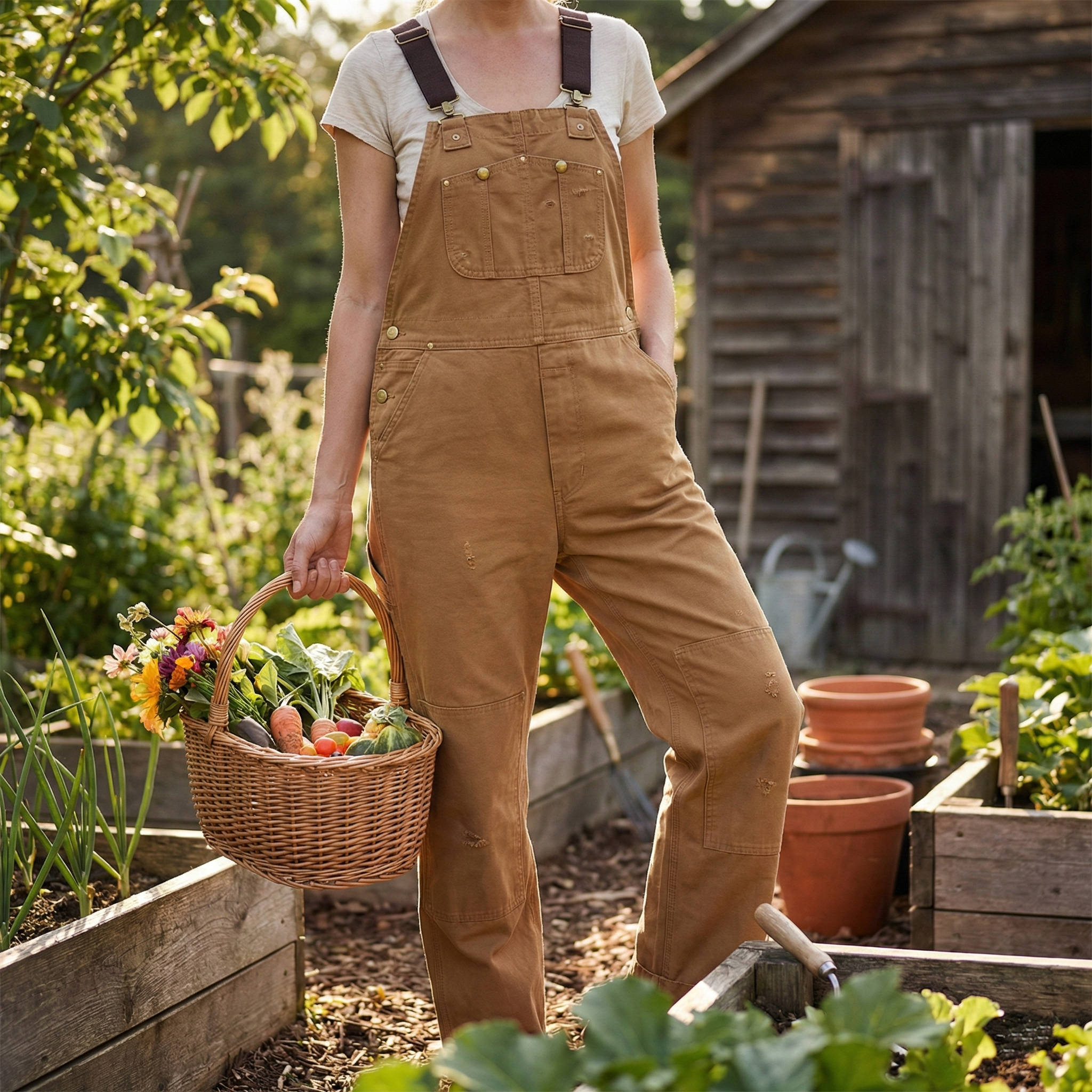 Women's Canvas Bib Overalls with Padded Straps and Multiple Pockets