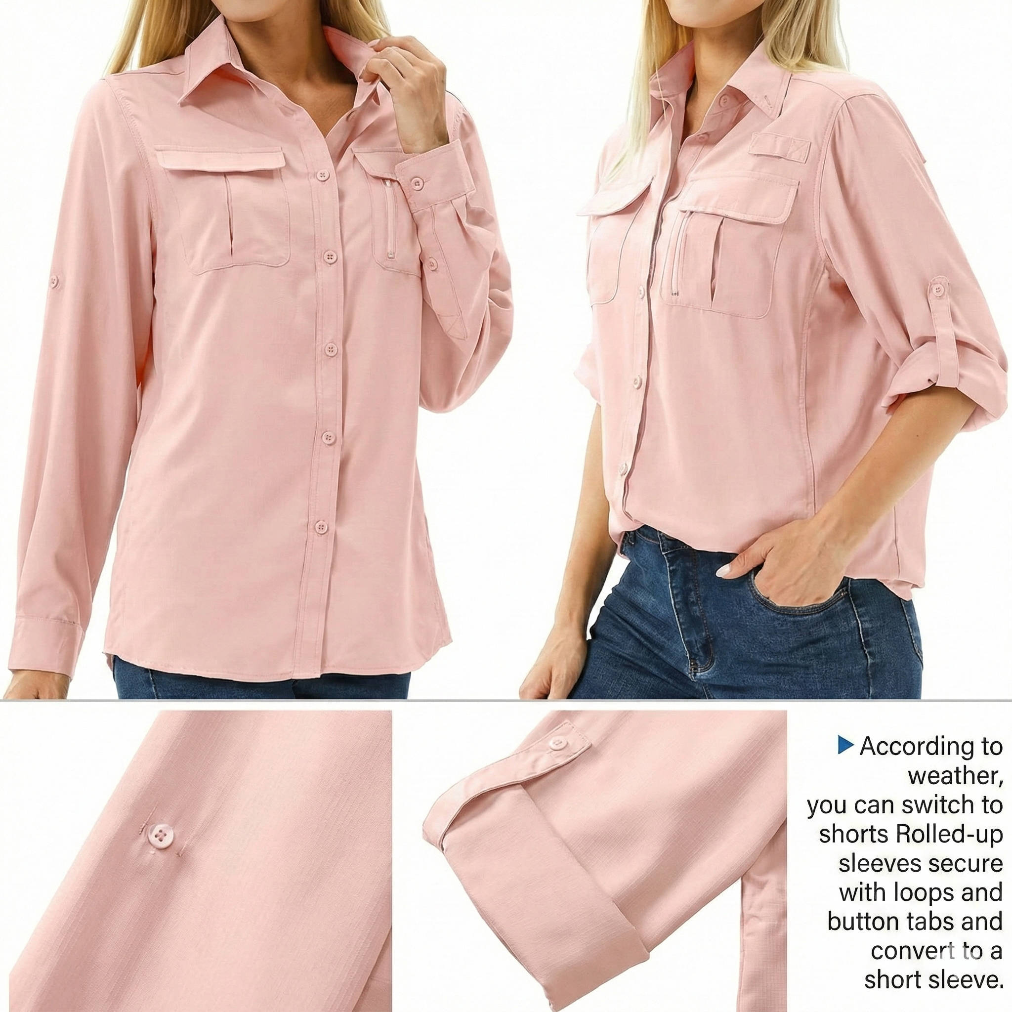 Women's UPF 50 Long Sleeve Shirt with Convertible Sleeves and Mesh Back, Hiking Fishing