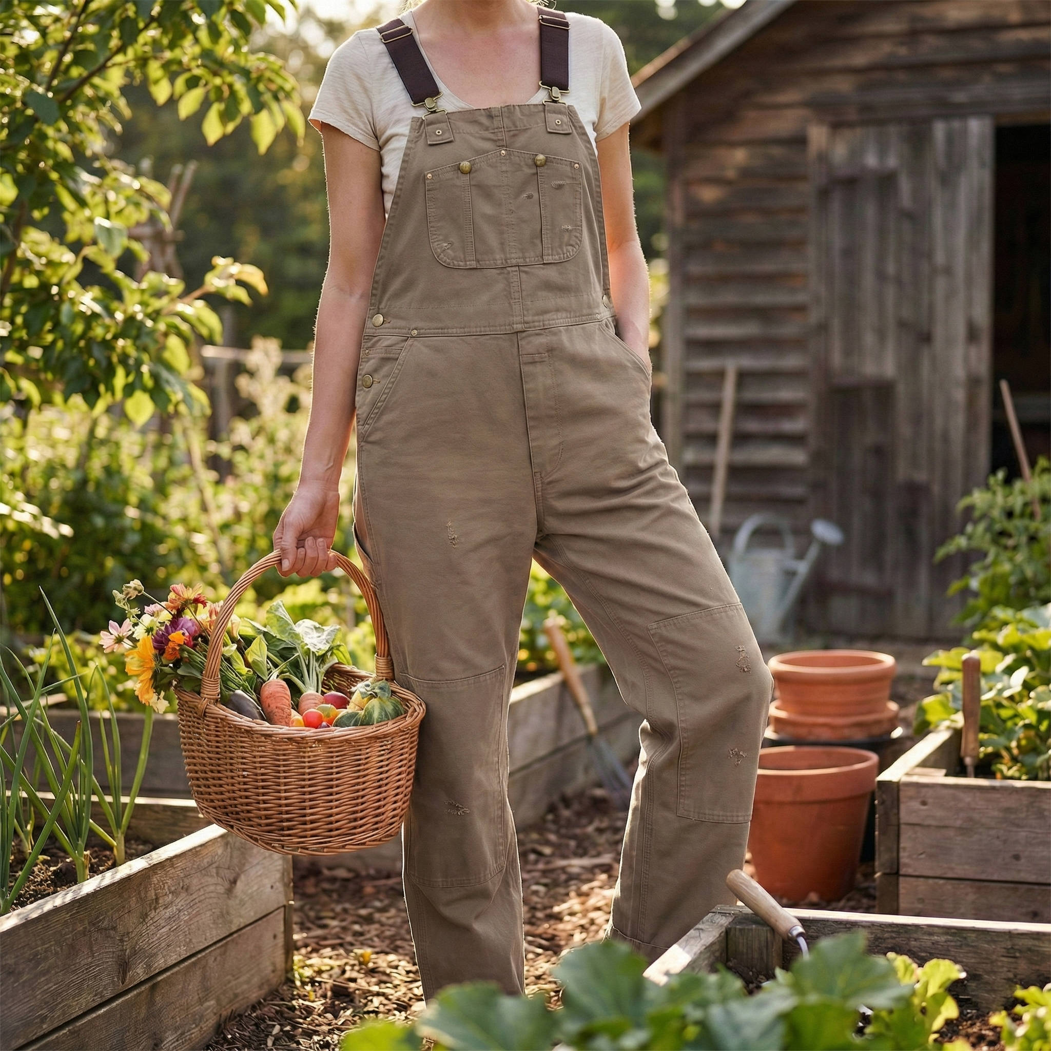 Women's Canvas Bib Overalls with Padded Straps and Multiple Pockets