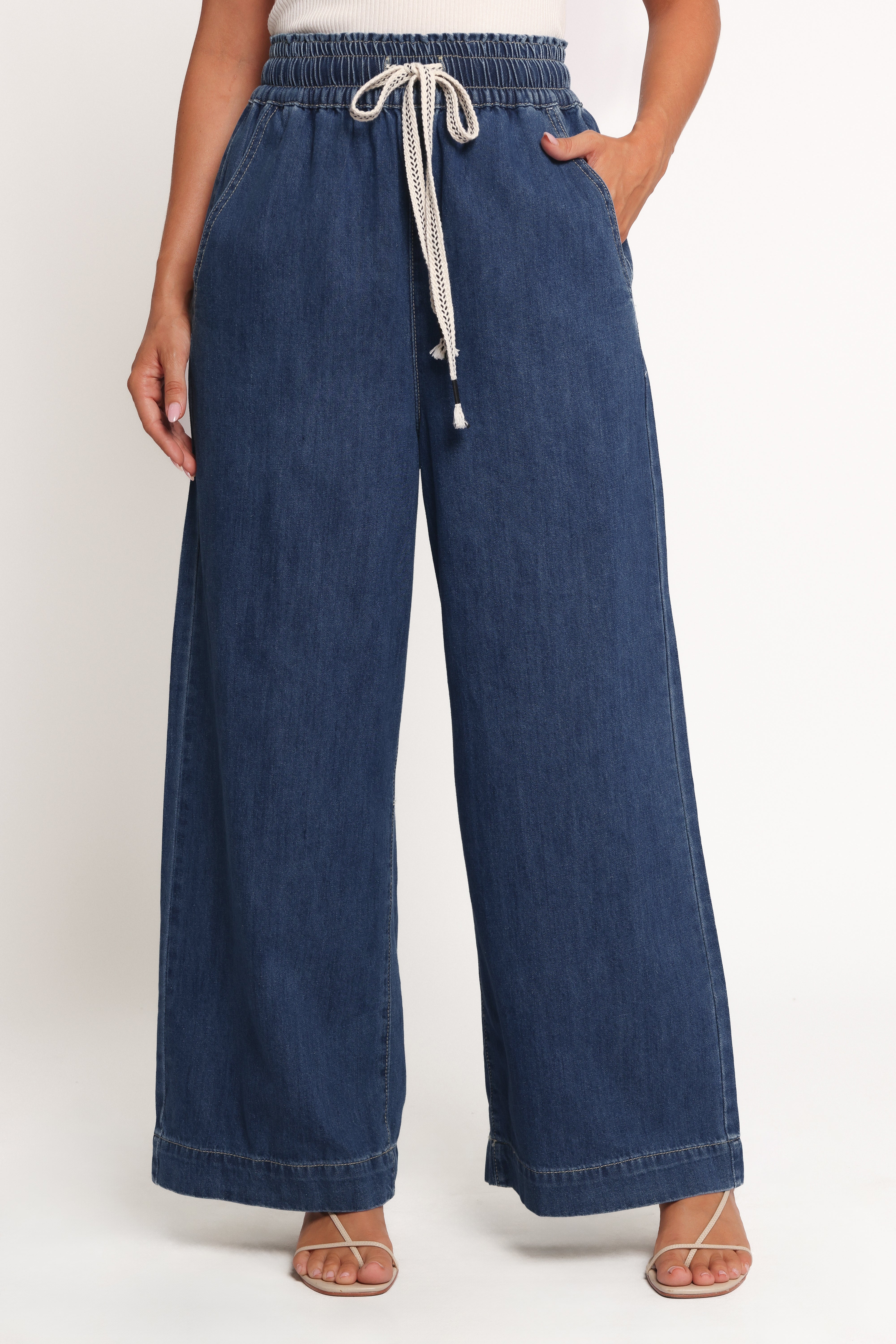 Women’s Denim Wide Leg Pants, High-Waisted Elastic Waist