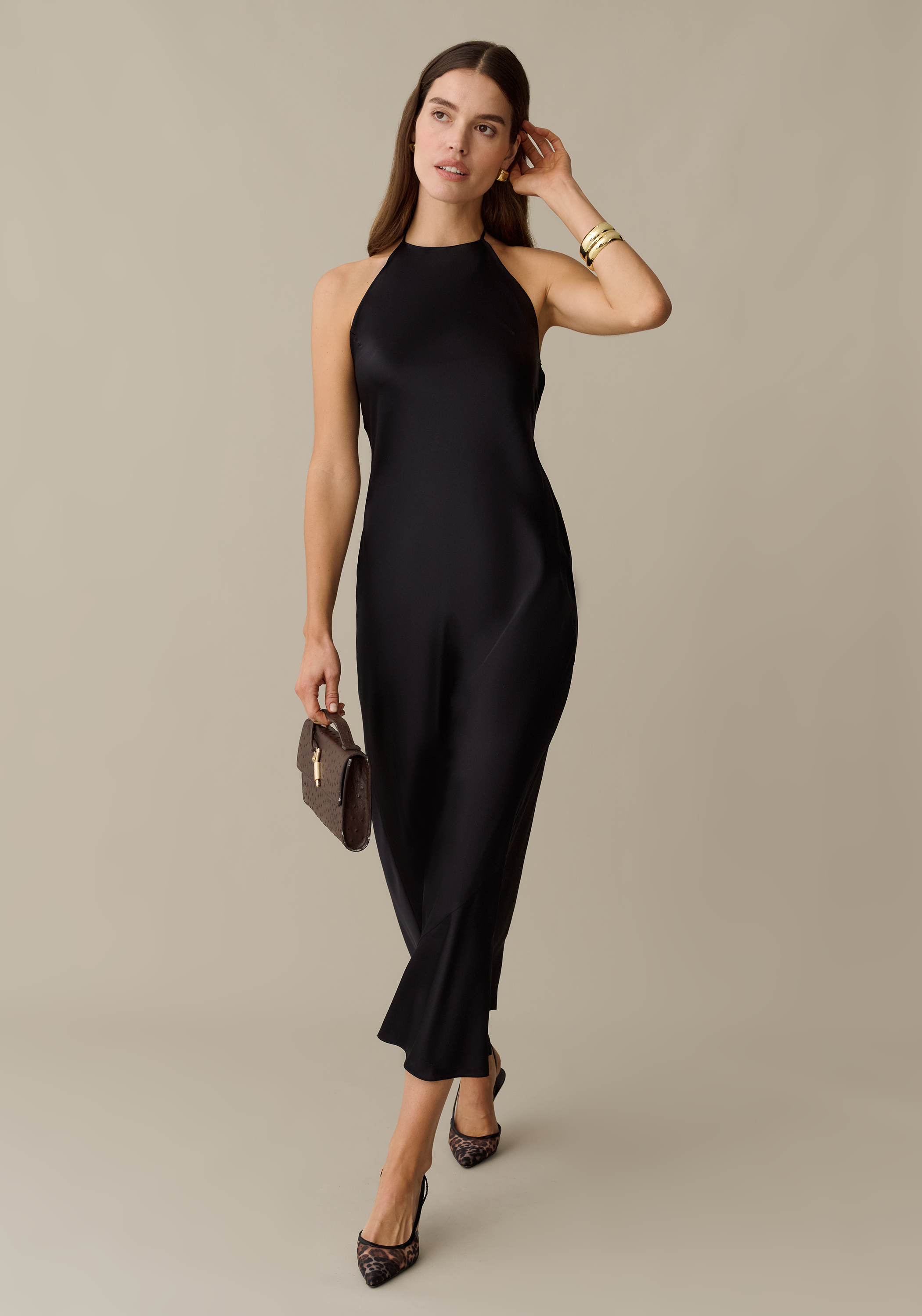 Women’s Silk Maxi Dress with Halterneck Tie & Open Back, Elegant