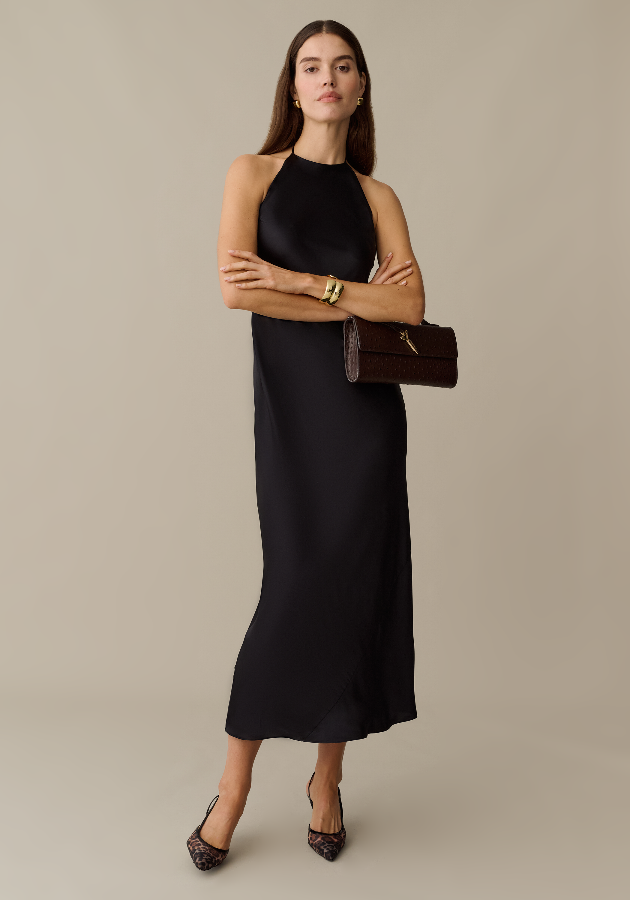 Women’s Silk Maxi Dress with Halterneck Tie & Open Back, Elegant