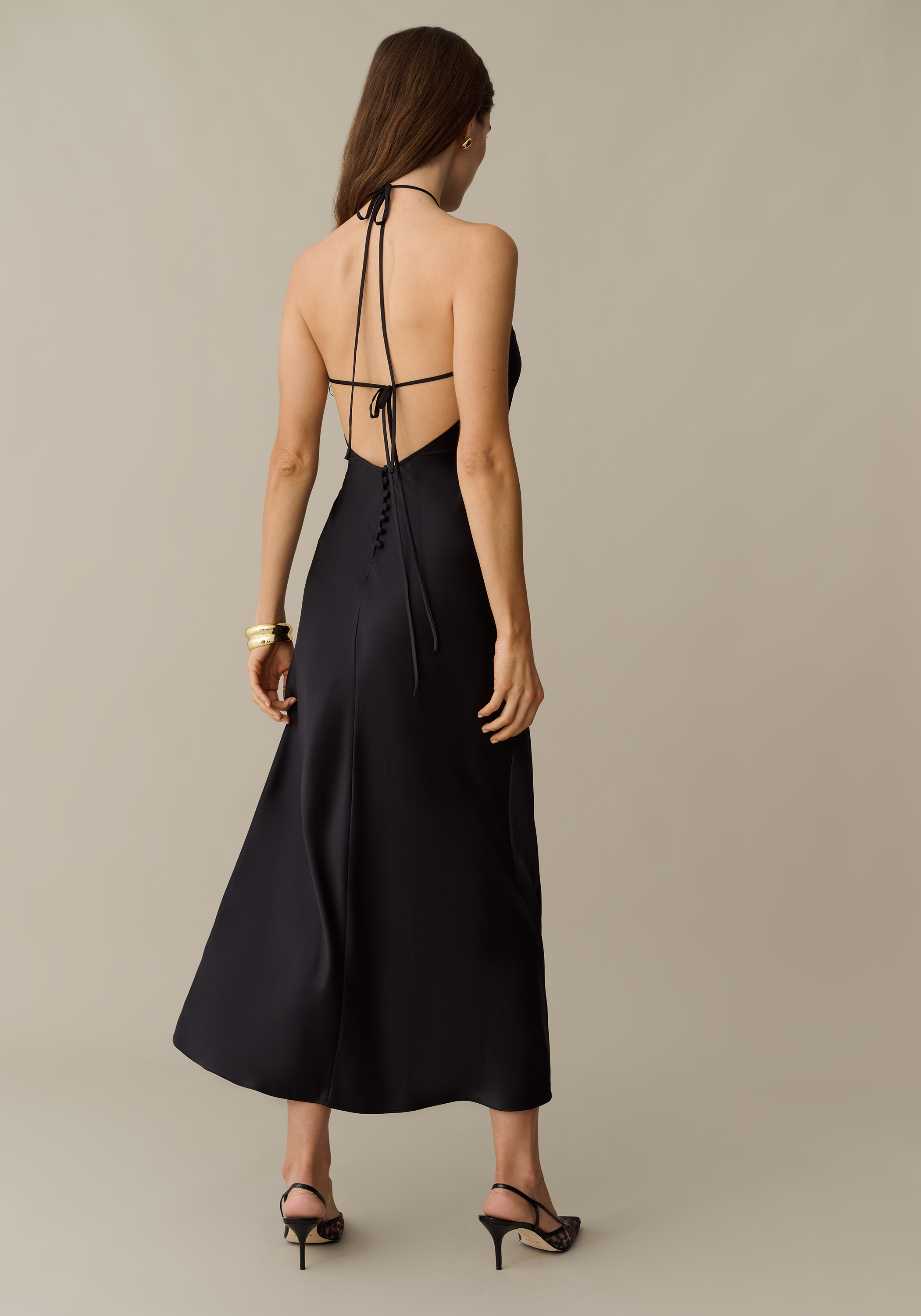 Women’s Silk Maxi Dress with Halterneck Tie & Open Back, Elegant
