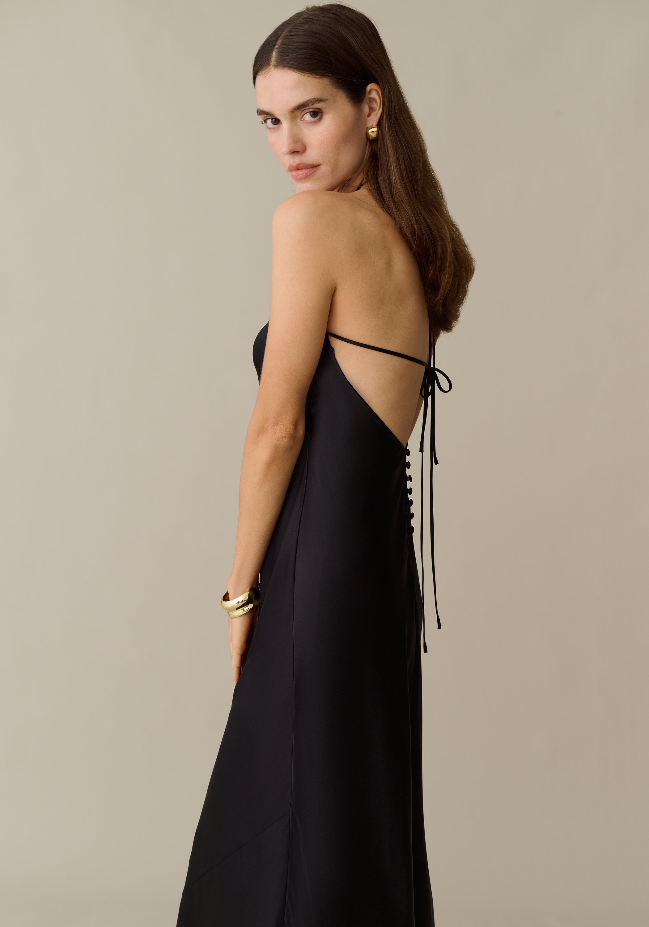 Women’s Silk Maxi Dress with Halterneck Tie & Open Back, Elegant