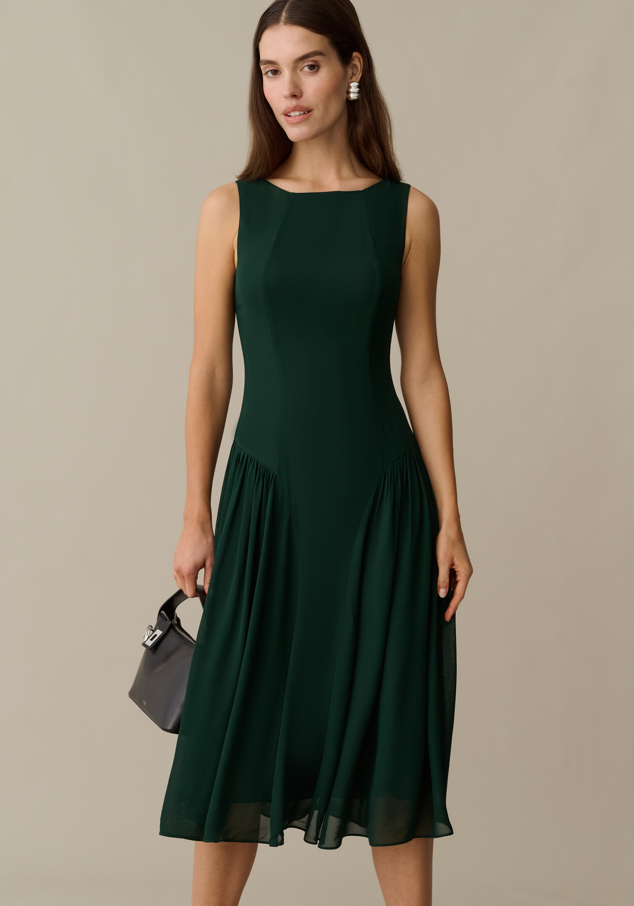 Women’s Lightweight Midi Dress with High Neck & Scoop Back, Chiffon