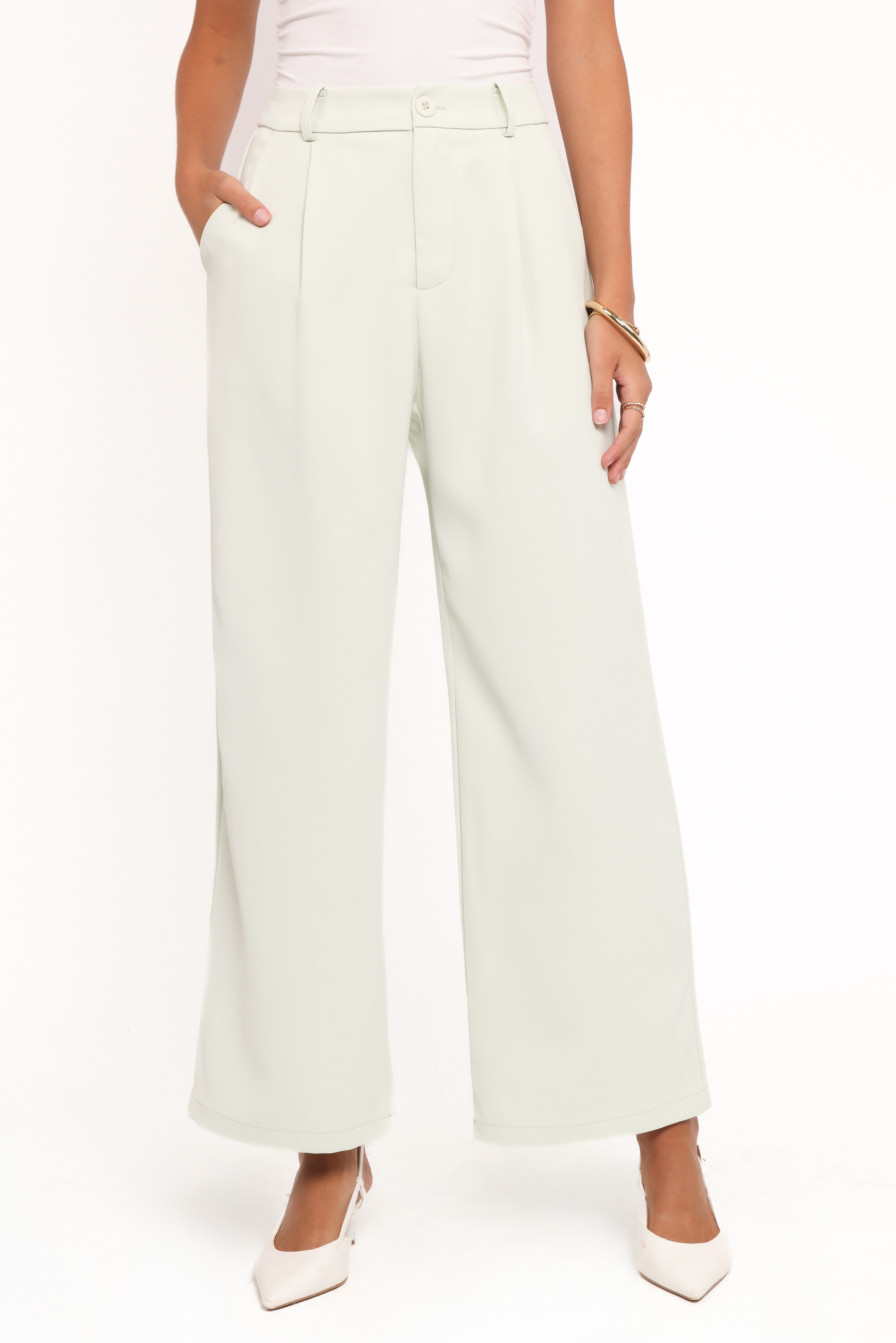 Women’s Sage Green Wide Leg Pants, High-Rise Front Pleat