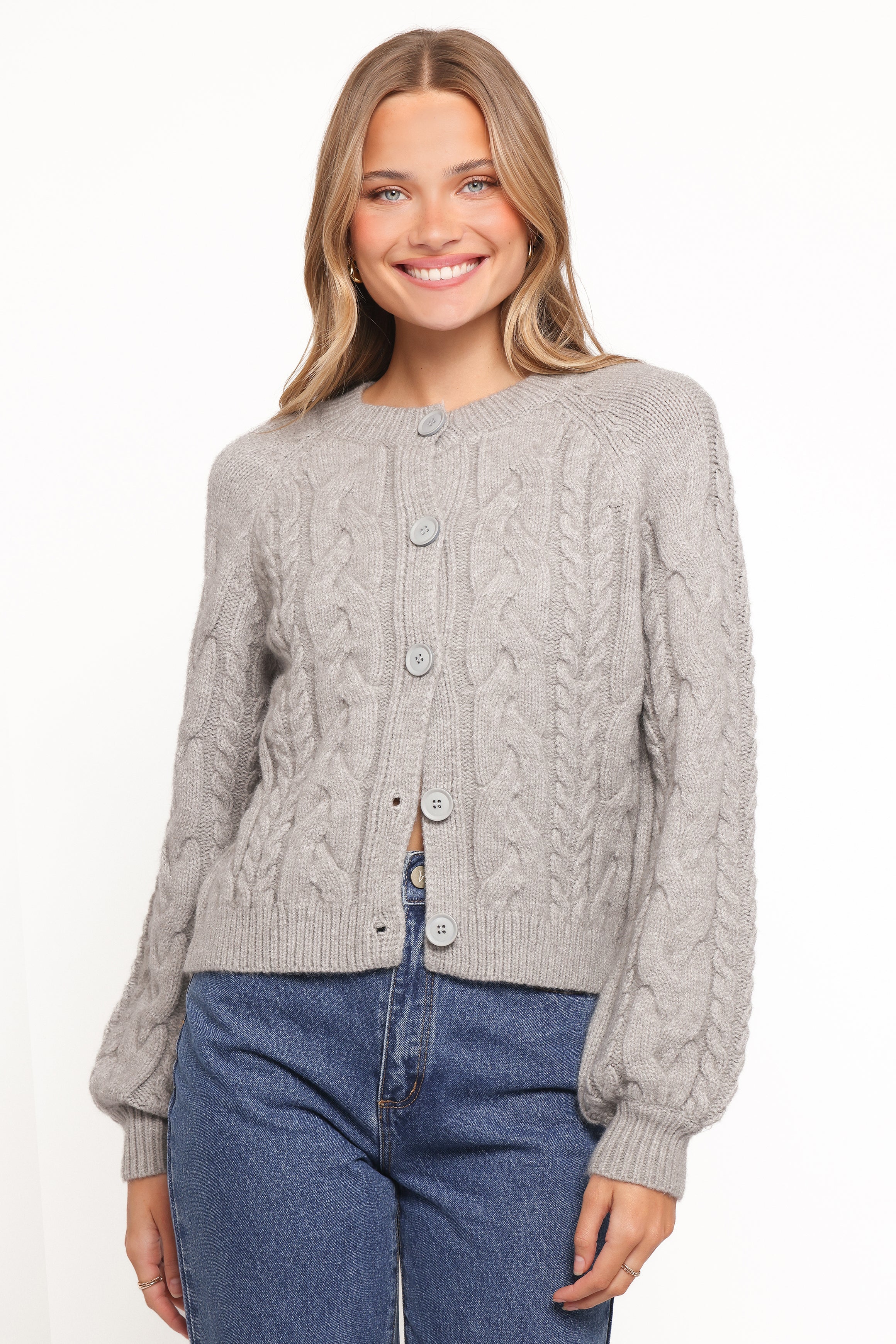 Women’s Grey Cable Knit Cardigan, Cropped Long Sleeve