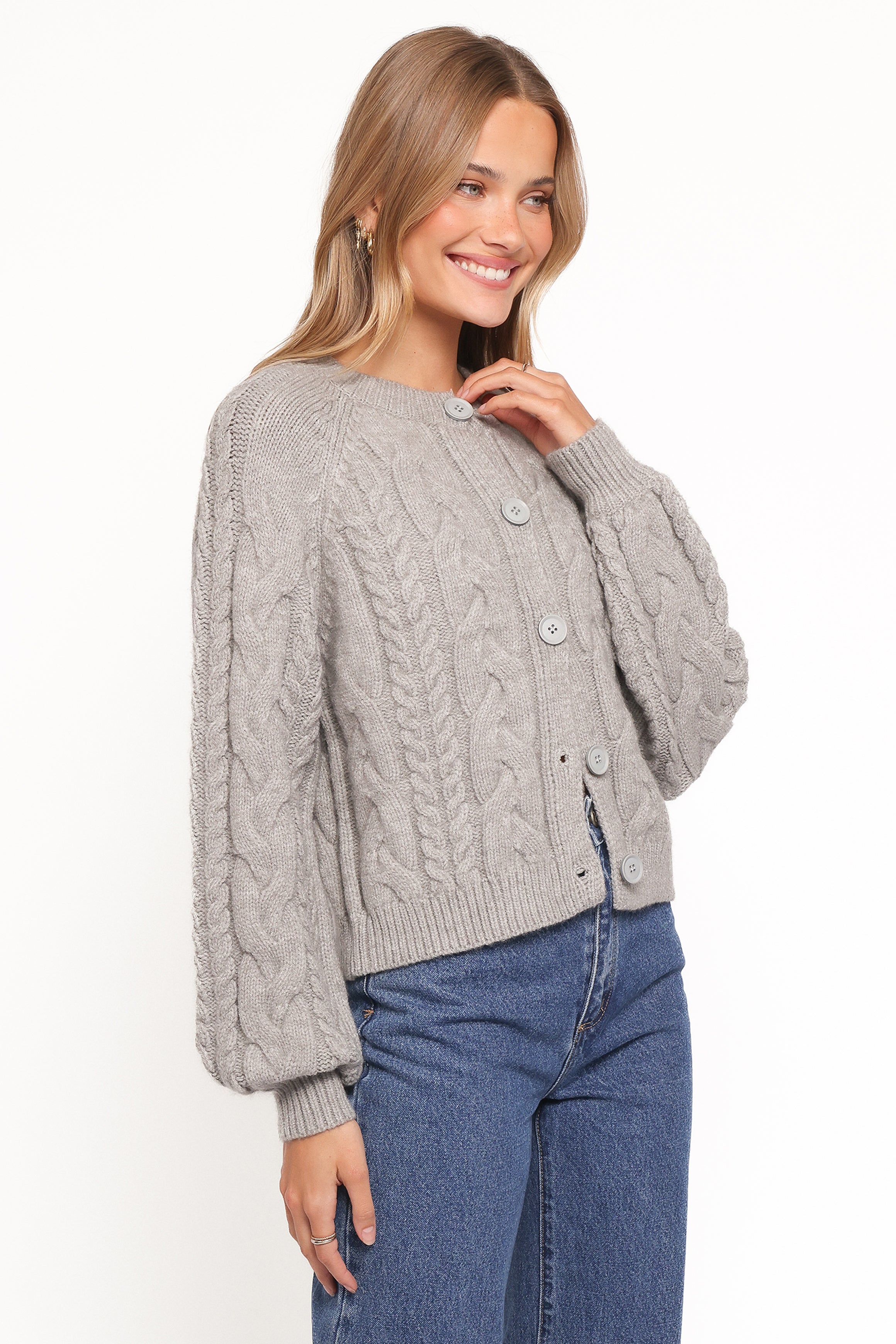 Women’s Grey Cable Knit Cardigan, Cropped Long Sleeve