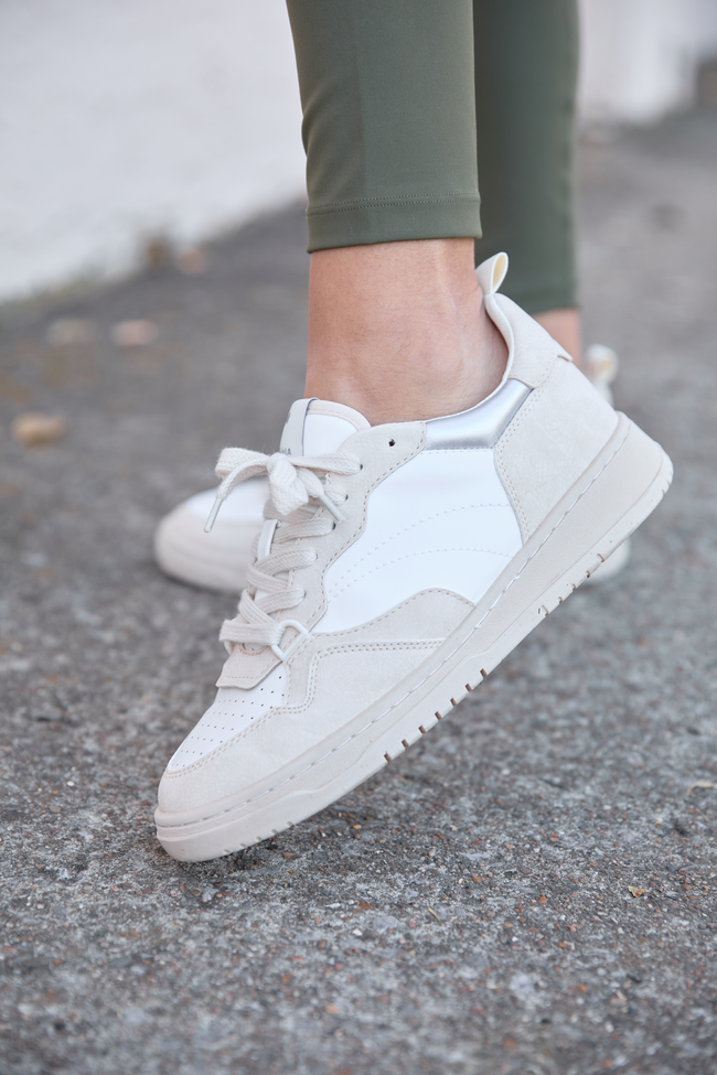 Women’s Beige Sneakers, Lace-Up Faux Leather