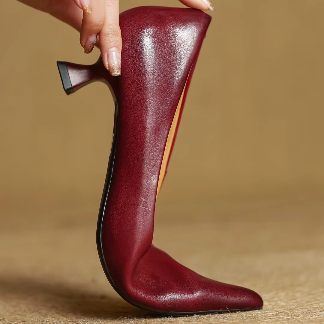 Pointed Toe Leather Pumps with Slip-On Closure and Thin 1.8 Inch Heel