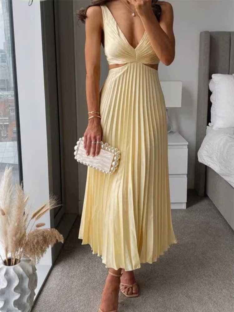Ankle-Length Maxi Dress with Deep V Neckline and Pleated High Waist, Breathable Fabric