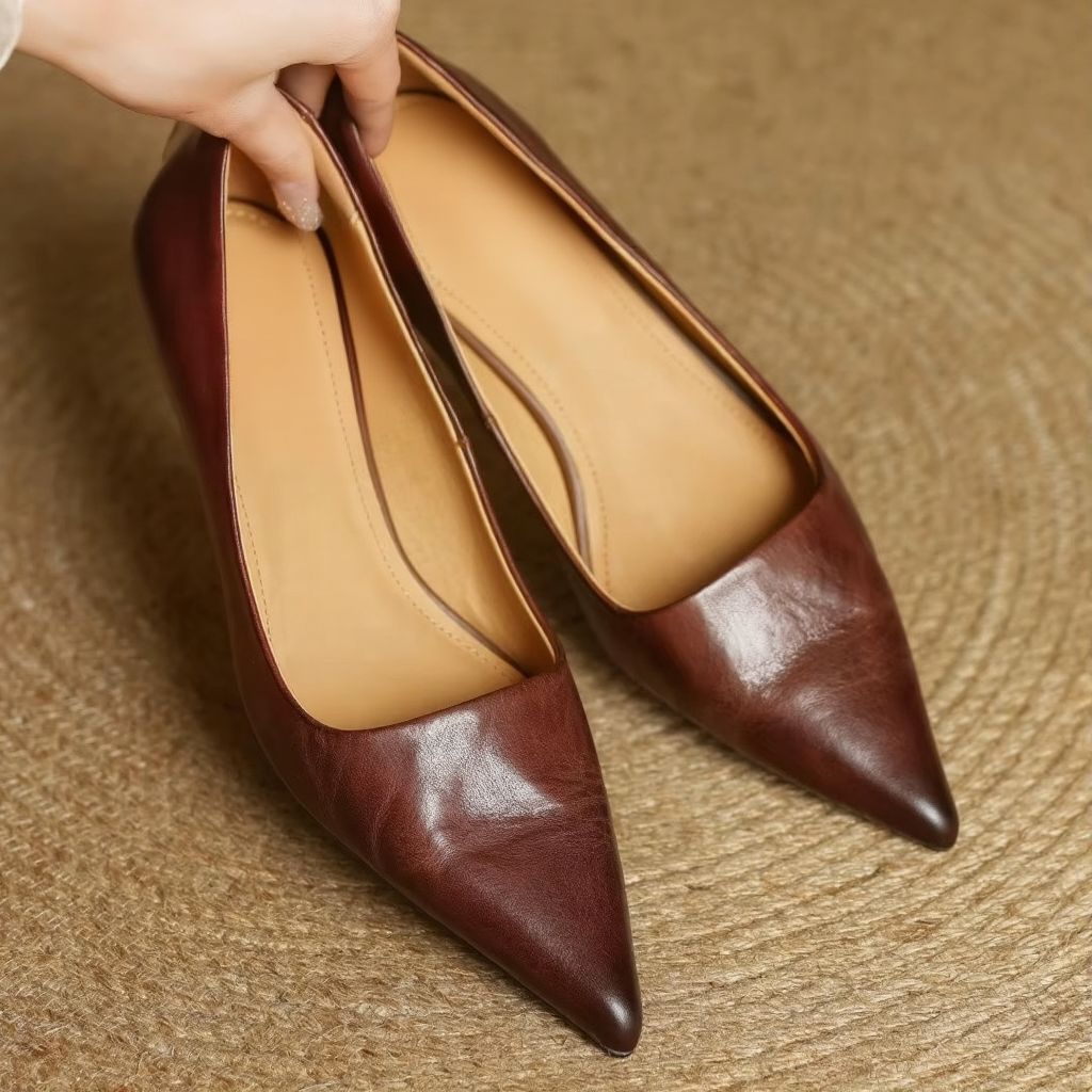Pointed Toe Leather Pumps with Slip-On Closure and Thin 1.8 Inch Heel