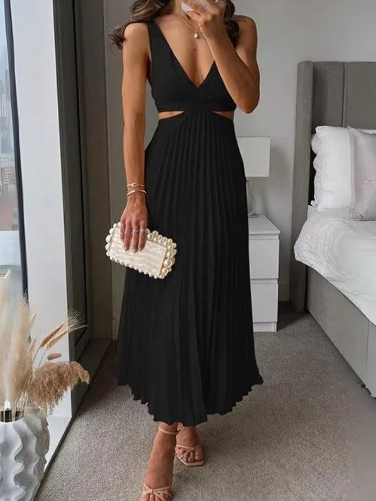 Ankle-Length Maxi Dress with Deep V Neckline and Pleated High Waist, Breathable Fabric