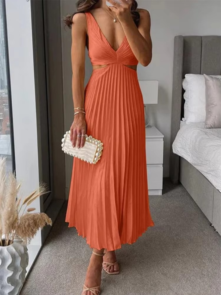 Ankle-Length Maxi Dress with Deep V Neckline and Pleated High Waist, Breathable Fabric