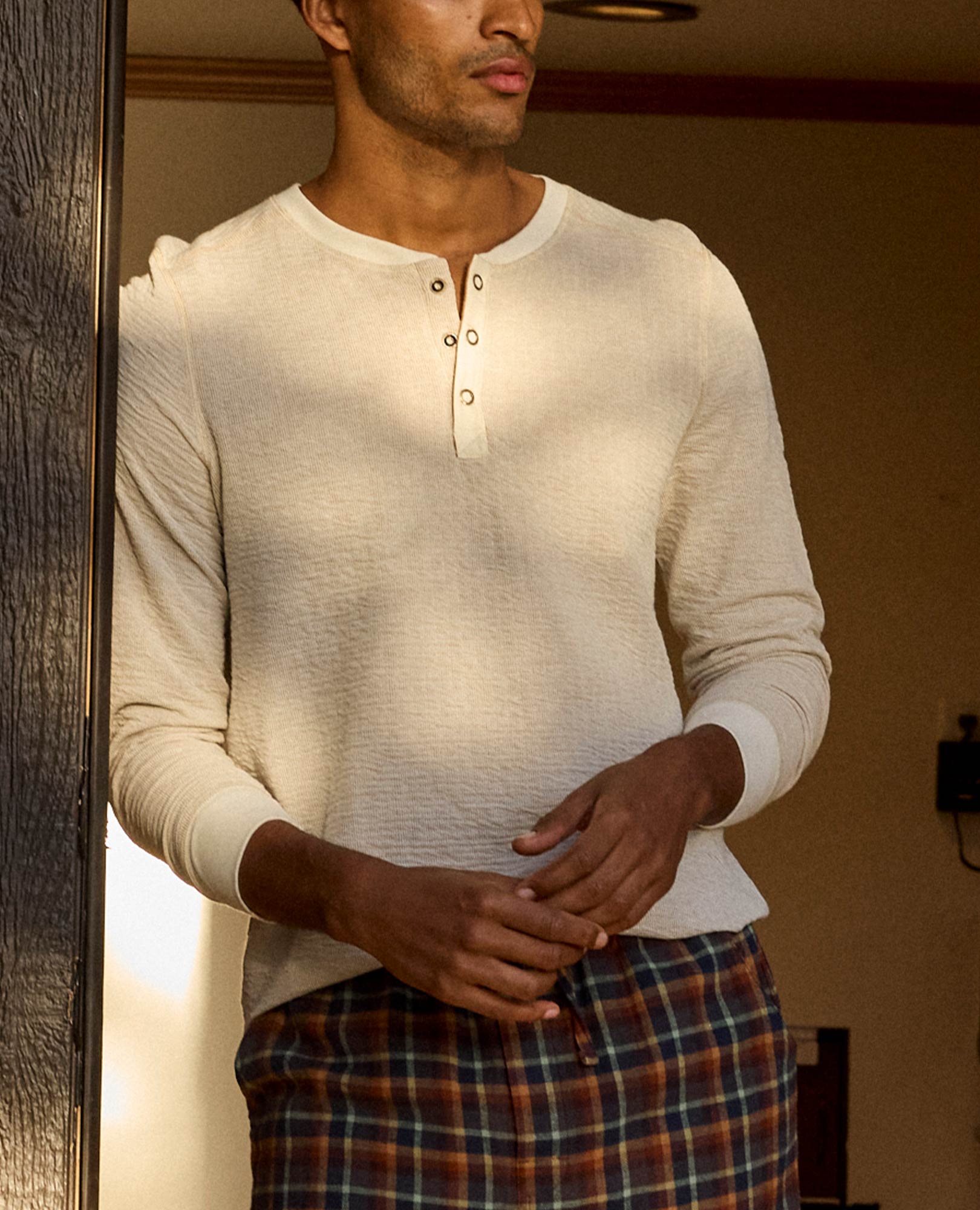 Men’s Lightweight Henley Shirt Knit Texture, Casual