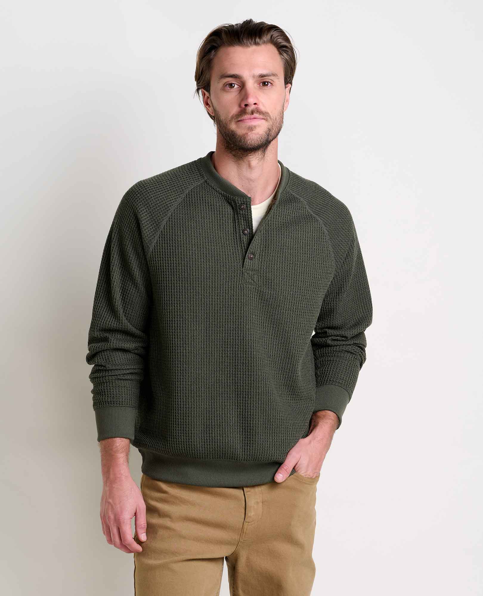 Men’s Midweight Henley Shirt Waffle Knit, Breathable