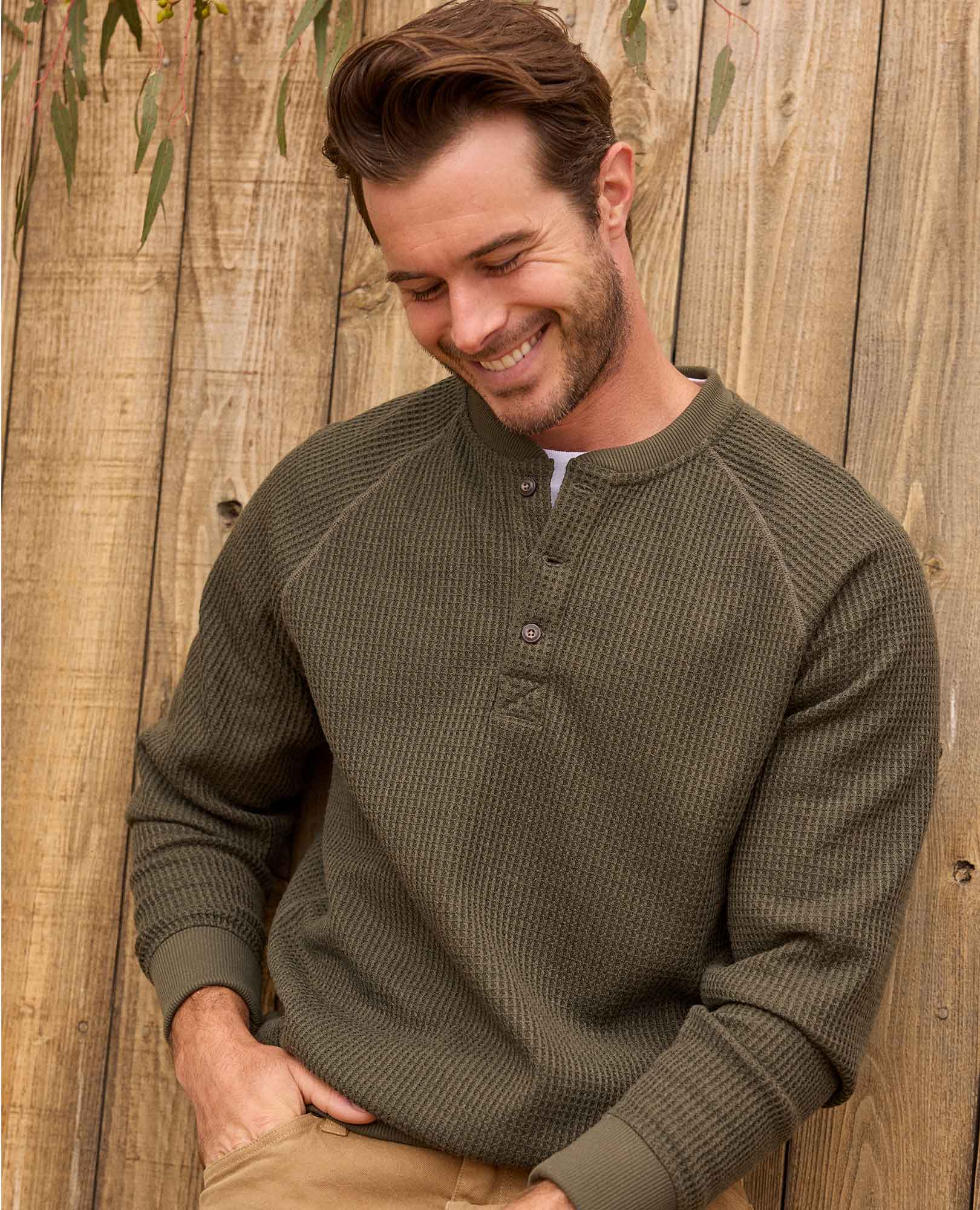 Men’s Midweight Henley Shirt Waffle Knit, Breathable