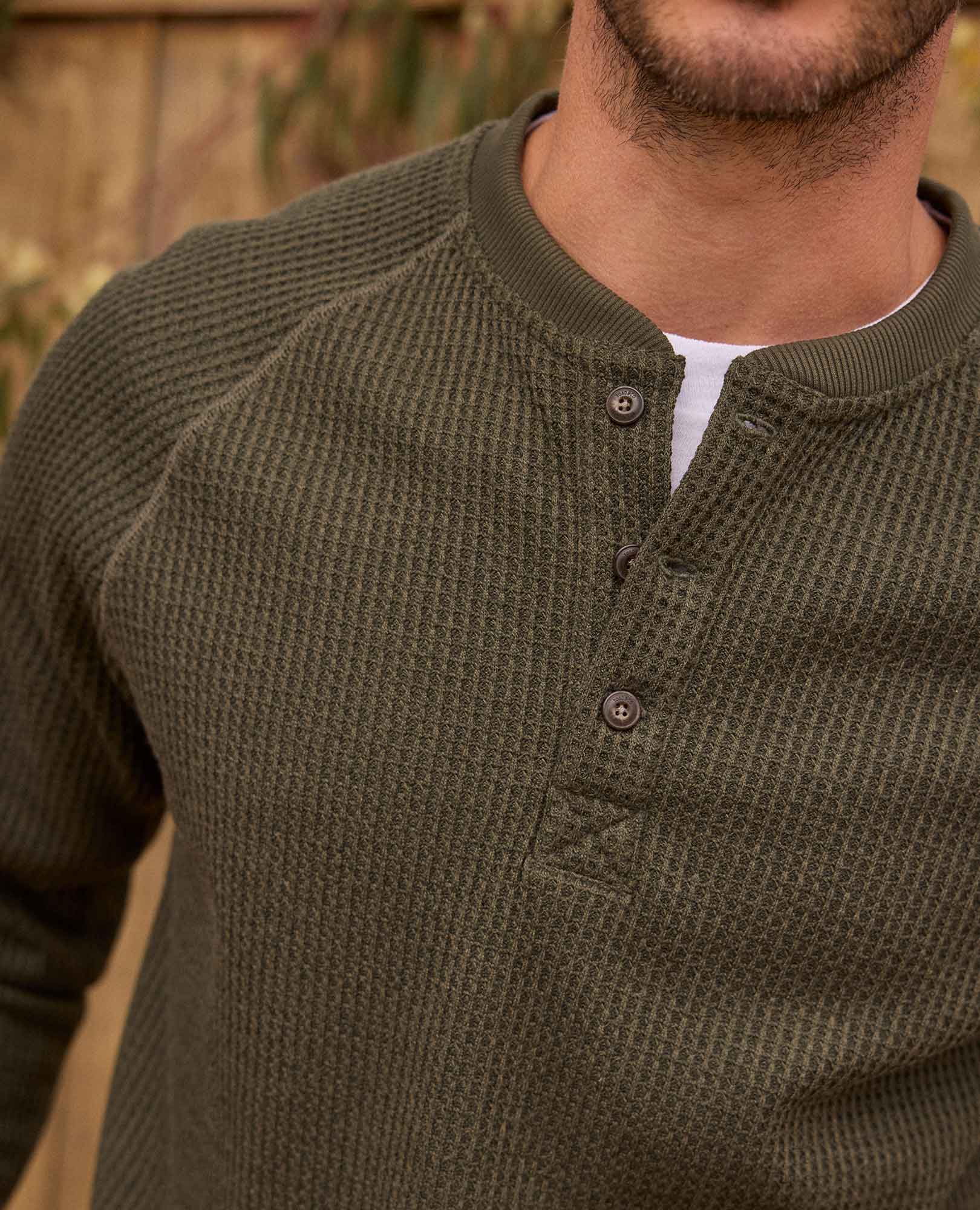 Men’s Midweight Henley Shirt Waffle Knit, Breathable