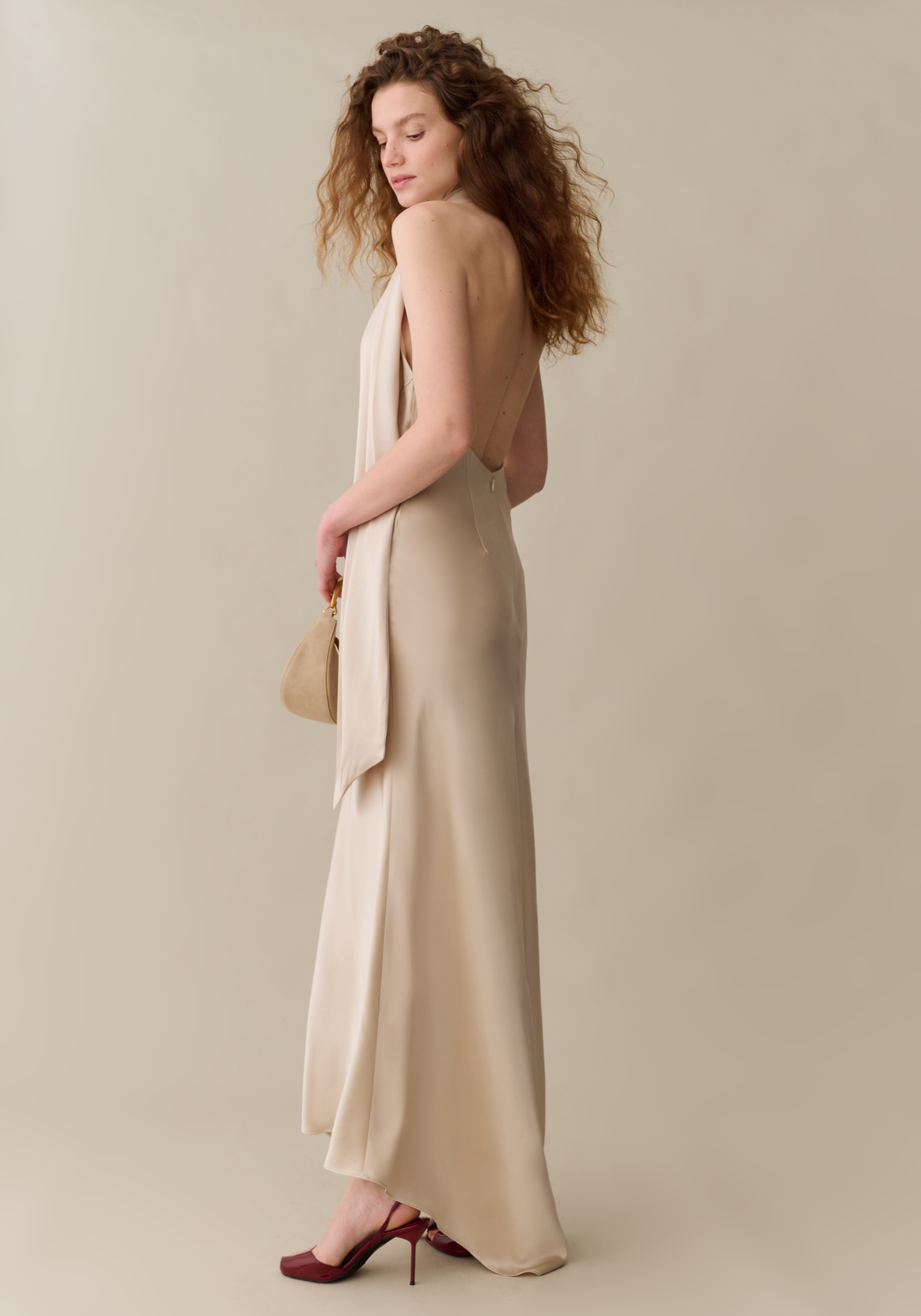 Women’s Elegant Maxi Dress with Plunging Back & Scarf, Silky